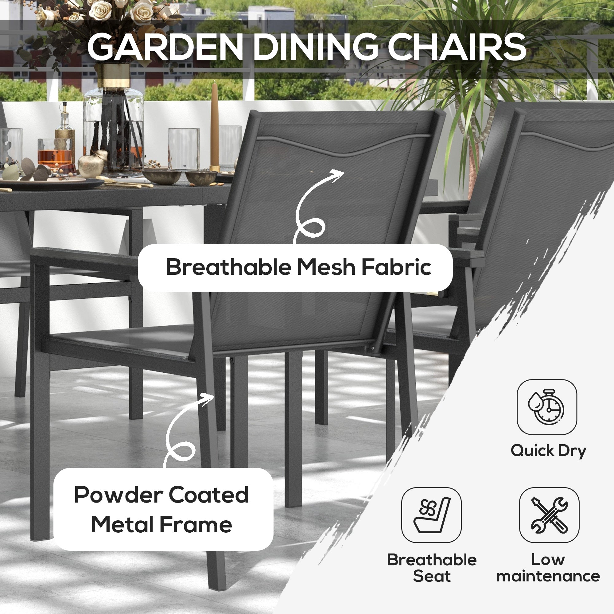 Outsunny Seven-Piece Metal Dining Set, with Glass-Top Table - Grey - North Peak Garden Furniture