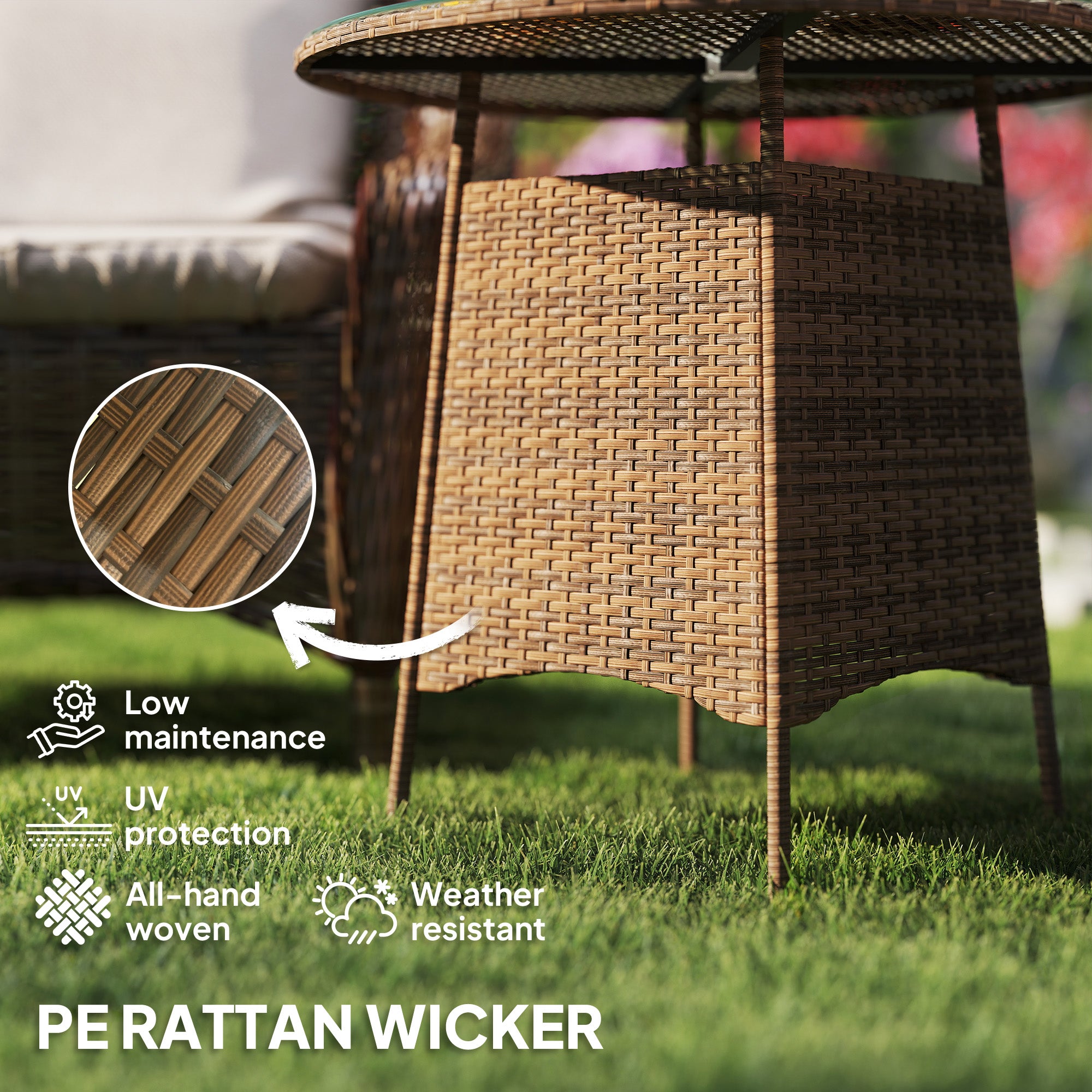Outsunny Wicker Garden Rattan Table, Patio Furniture Outdoor Coffee Table with Umbrella Hole and Tempered Glass Top, Brown - North Peak Garden Furniture