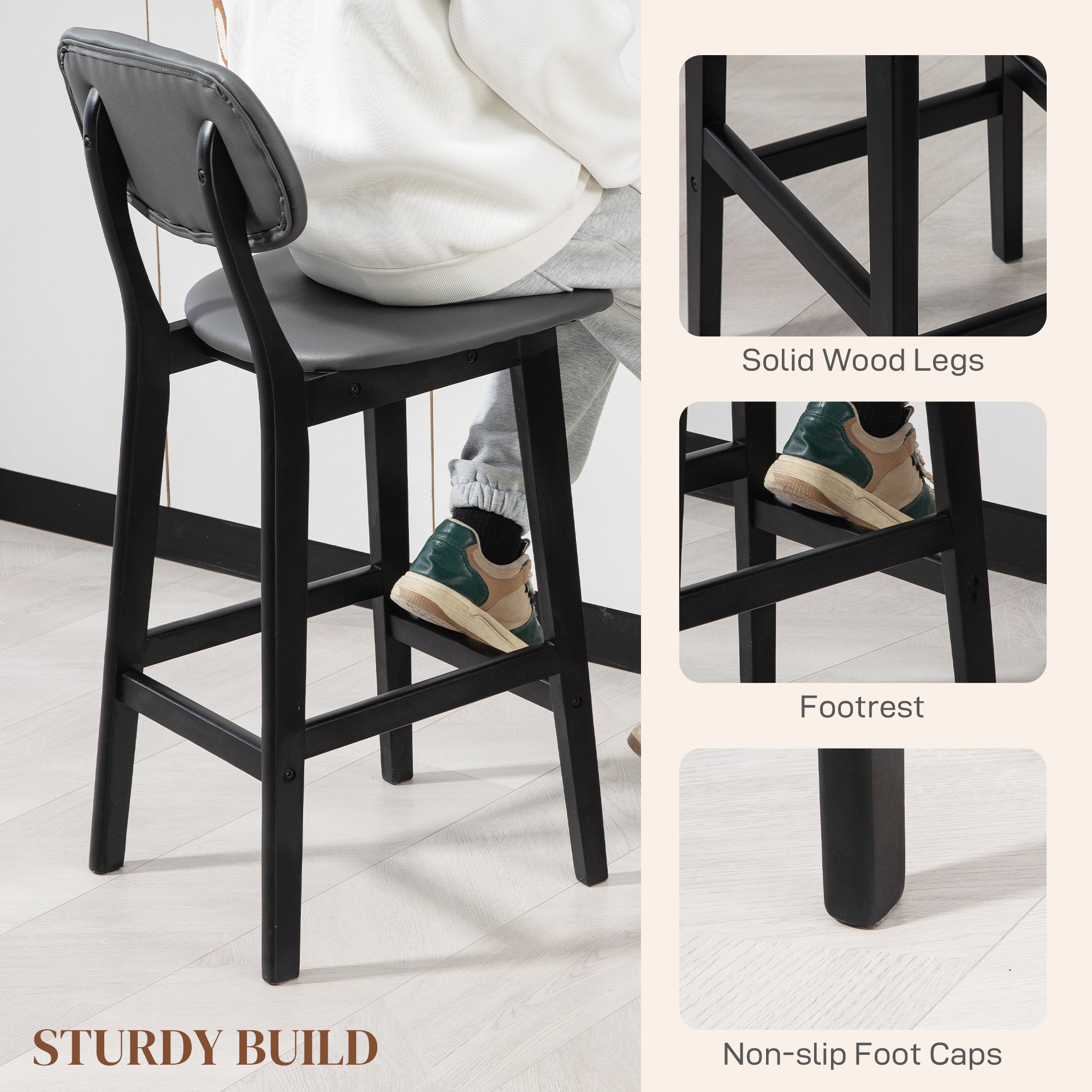 HOMCOM Bar Stools Set of 2, Contemporary Breakfast Bar Chairs, Faux Leather Upholstered Kitchen Stools with Backs and Solid Wood Legs, Dark Grey - North Peak Garden Furniture