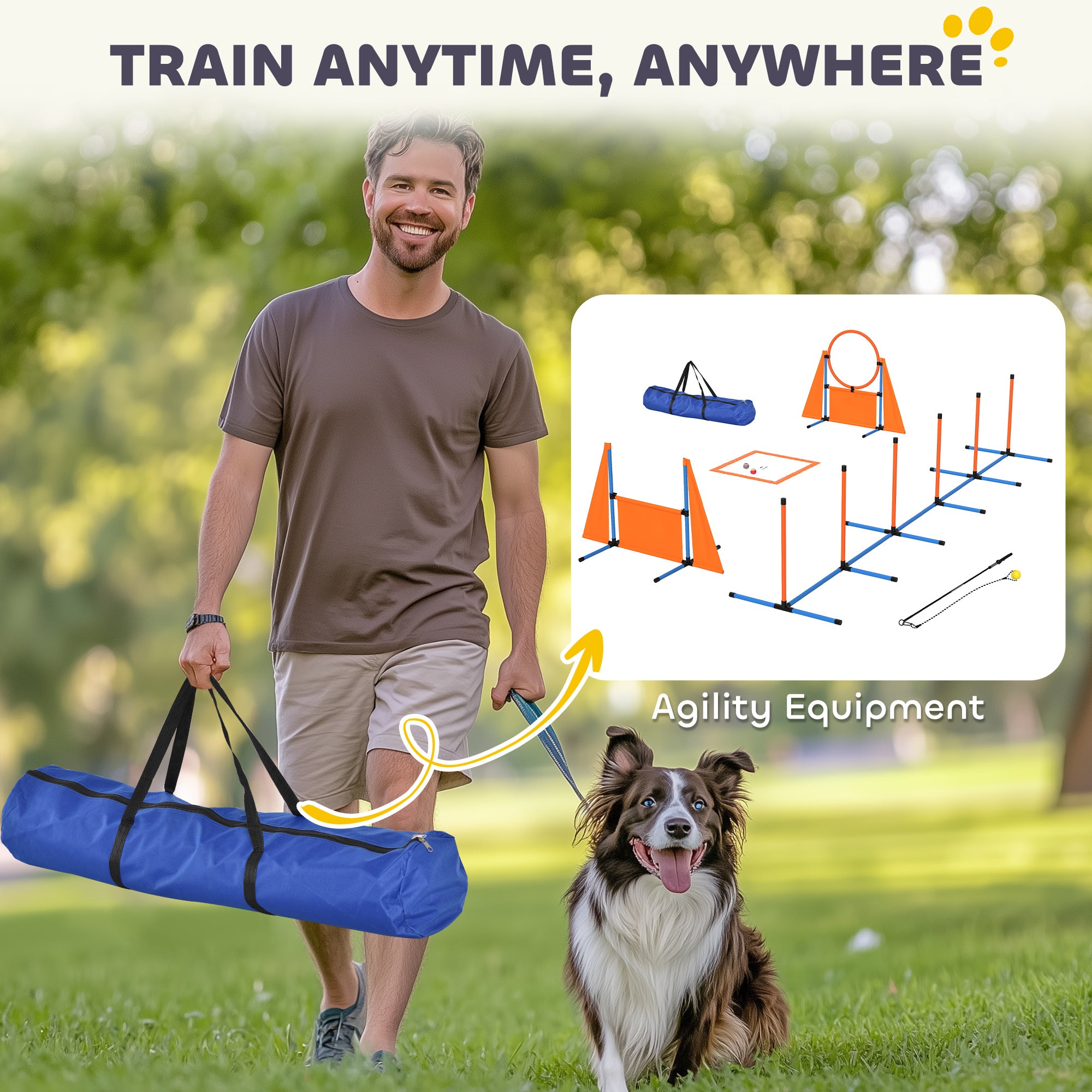 PawHut 7-Piece Dog Agility Equipment Set with Weave Poles, Jump Ring and Hurdle, Pause Box and Carry Bag, Orange - North Peak Garden Furniture