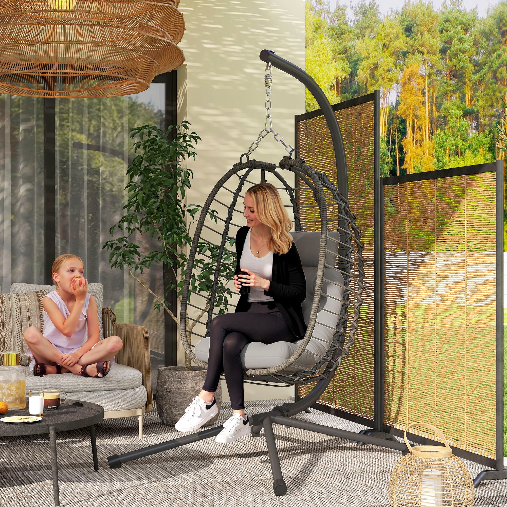Outsunny Rattan Hanging Egg Chair, Foldable Wicker Hammock Swing Chair with Cushion, Stand, Adjustable Height, Head Pillow, Steel Frame for Garden Patio Indoor Outdoor, Light Grey - North Peak Garden Furniture