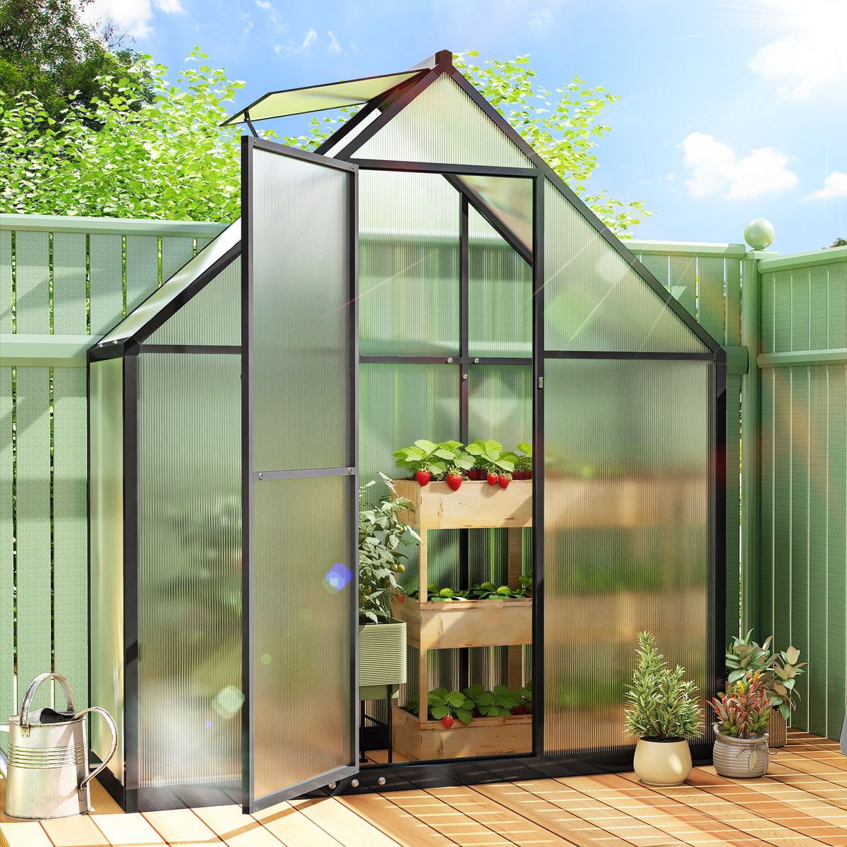 Outsunny 5.5 x 2ft Polycarbonate Greenhouse, Quick Setup Walk in Green House, Push Door, Adjustable Roof Vent, Rain Gutter, Black