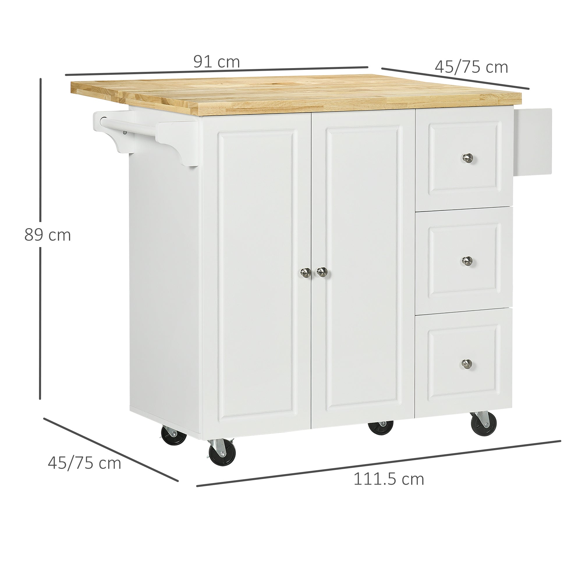 HOMCOM Drop-Leaf Kitchen Island on Wheels Utility Storage Cart with Drawers & Cabinet for Kitchen, Dining & Living Room - North Peak Garden Furniture