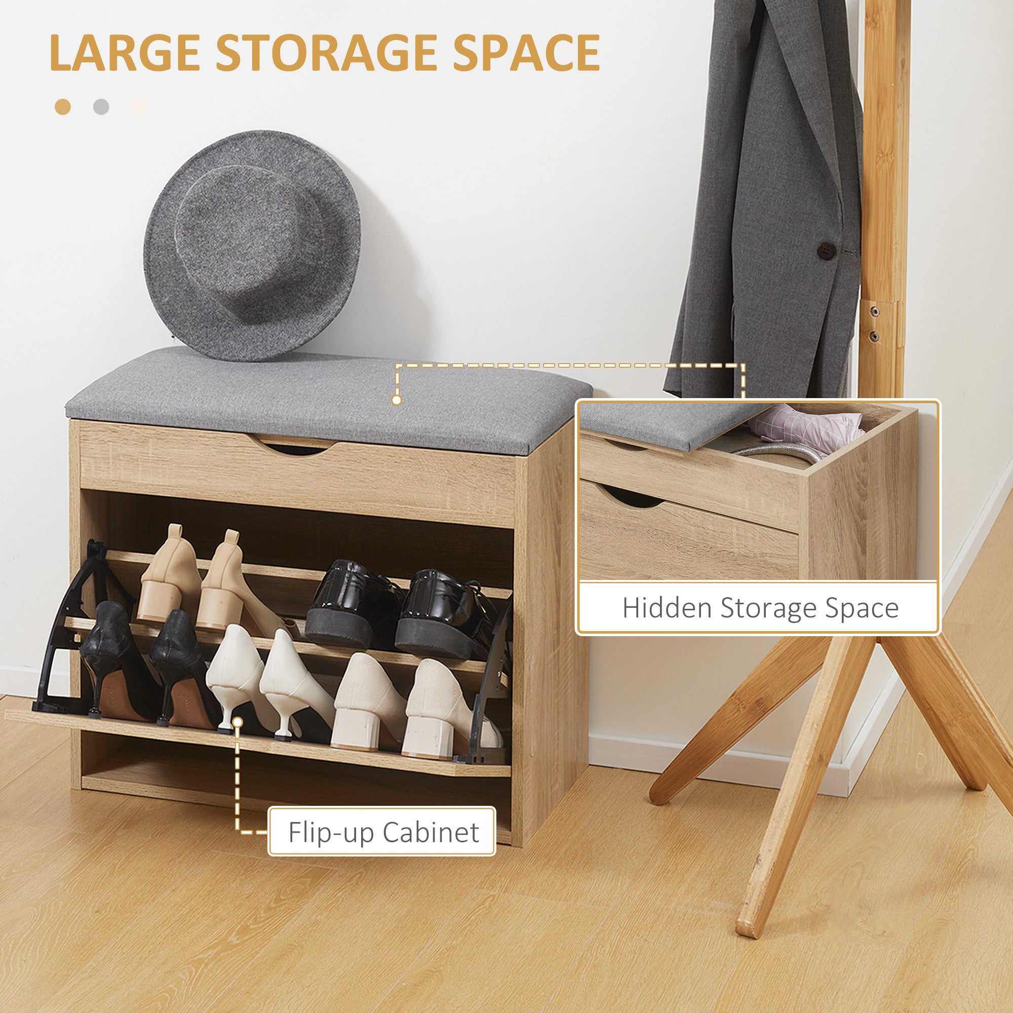 HOMCOM Shoe Bench with Cushion for 4 Pair of Shoes, Storage Bench with Padded Seat, Flip-up Cabinet and Hidden Space for Entryway, Natural - North Peak Garden Furniture