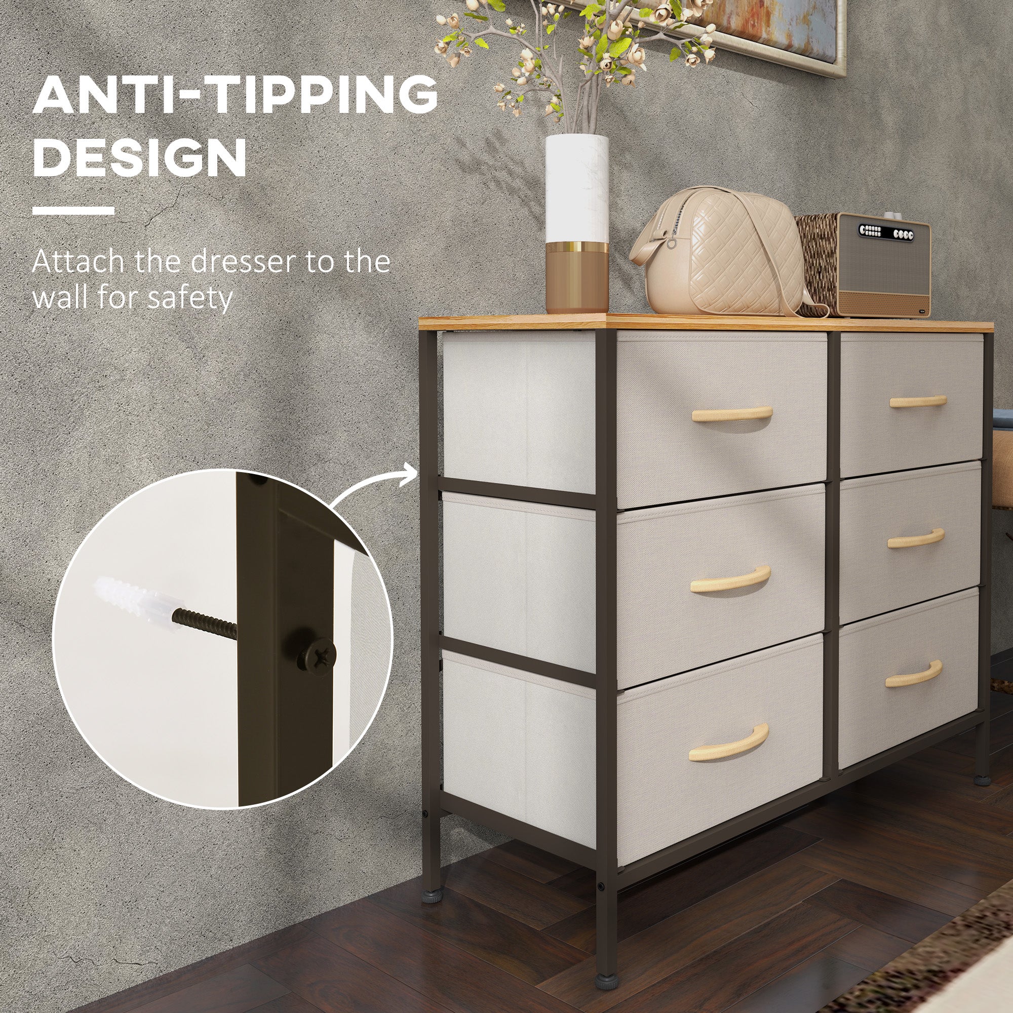 HOMCOM Fabric Chest of Drawers, Storage Drawers, Industrial Bedroom Dresser with 6 Fabric Drawers, Steel Frame and Wooden Top for Nursery, Living Room, Hallway, Cream White - North Peak Garden Furniture