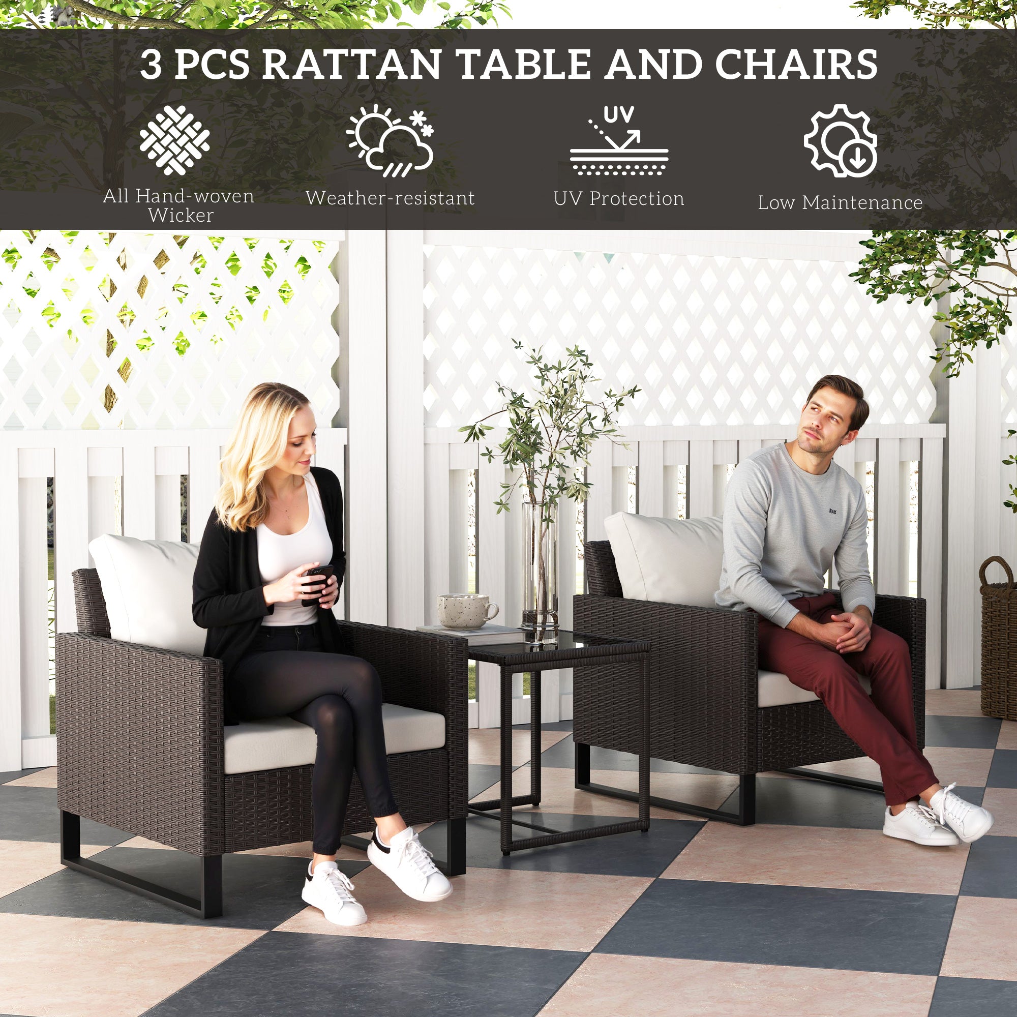 Outsunny 3 Pieces Rattan Bistro Set with 4 Cushions, Wicker Garden Furniture Set, Glass Top Coffee Table and Chairs for Outdoor Patio, Balcony, Terrace and Conservatory, Brown - North Peak Garden Furniture