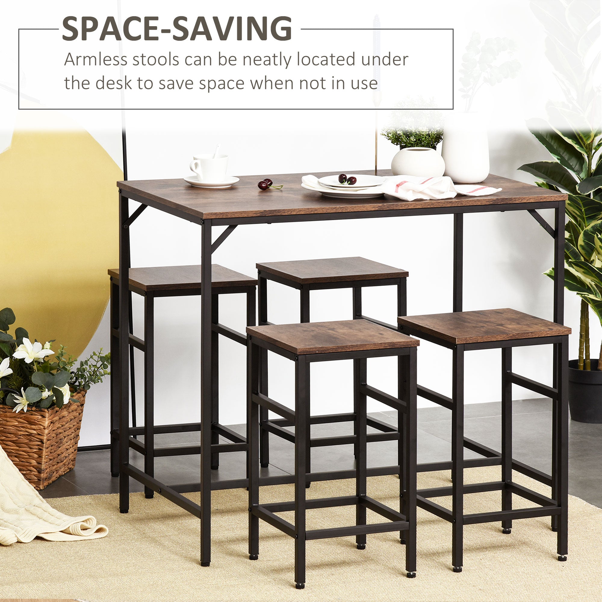 HOMCOM Industrial Rectangular Bar Table Set with 4 Stools for Dining Room, Kitchen, Dinette