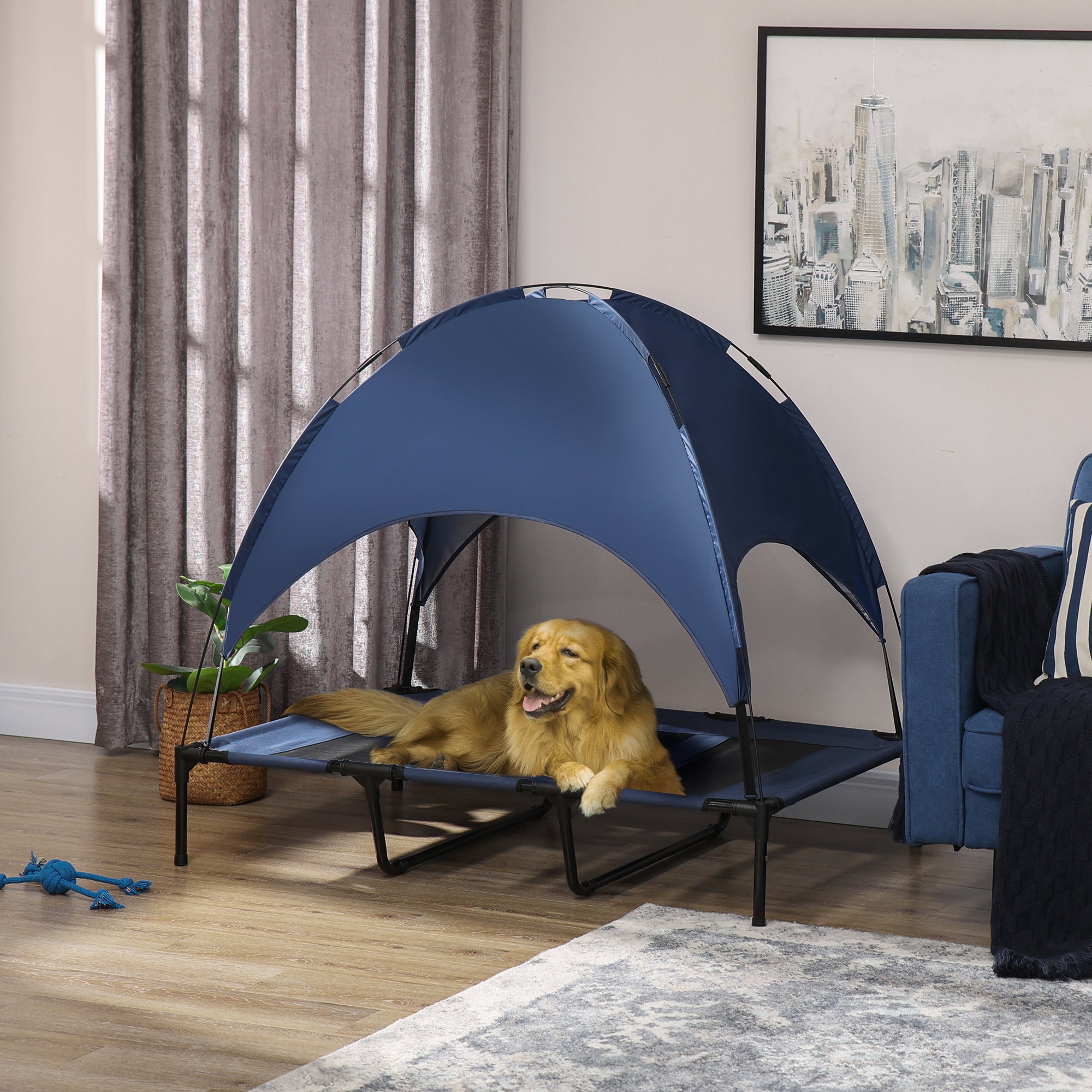 PawHut Raised Dog Bed Waterproof Elevated Pet Cot with Breathable Mesh UV Protection Canopy Blue, for XL Dogs, 122 x 92 x 108cm - North Peak Garden Furniture