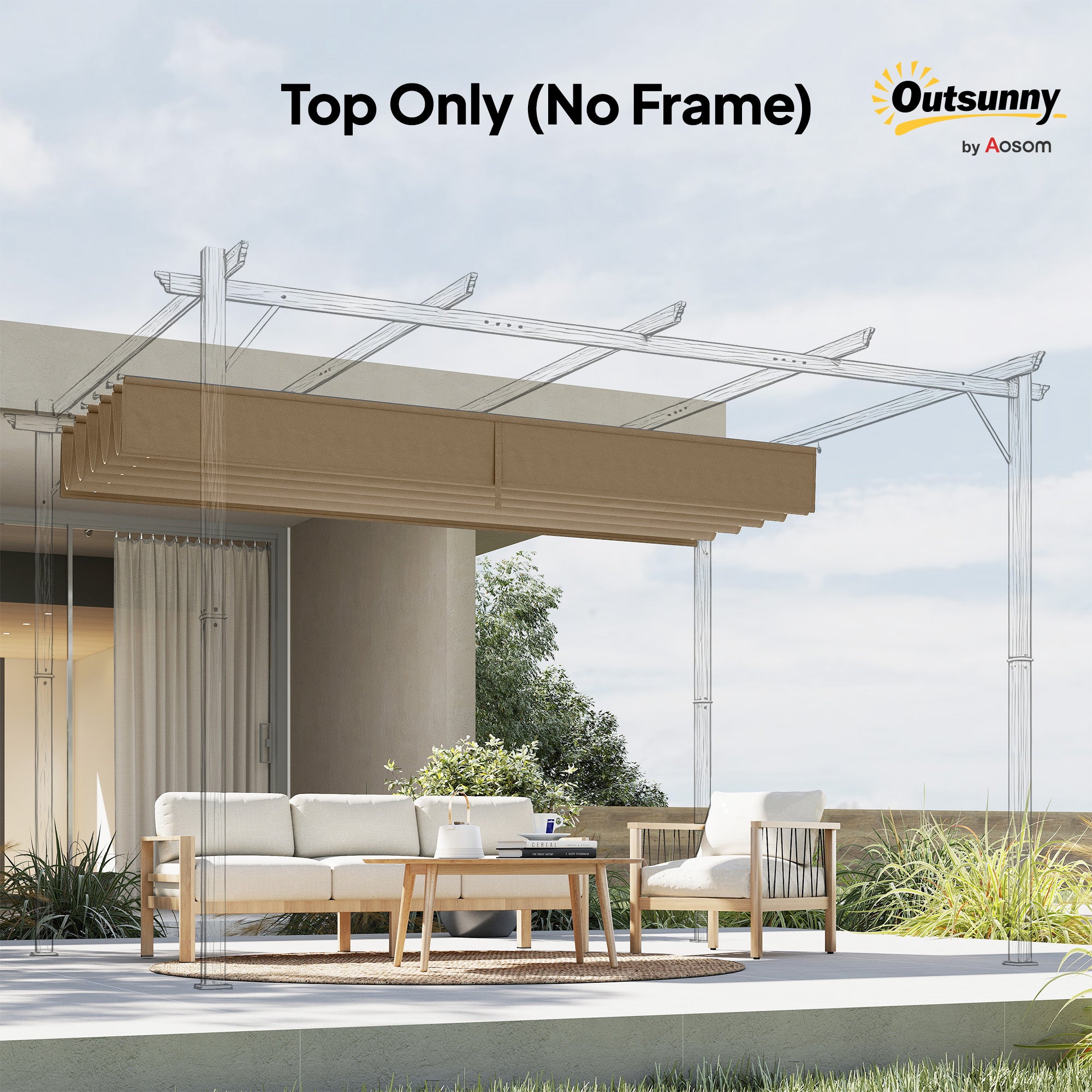 Outsunny Retractable Pergola Shade Cover, Replacement Canopy Fabric for 3 x 3 (m) Pergola, Gazebo Retractable Roof, Tan
