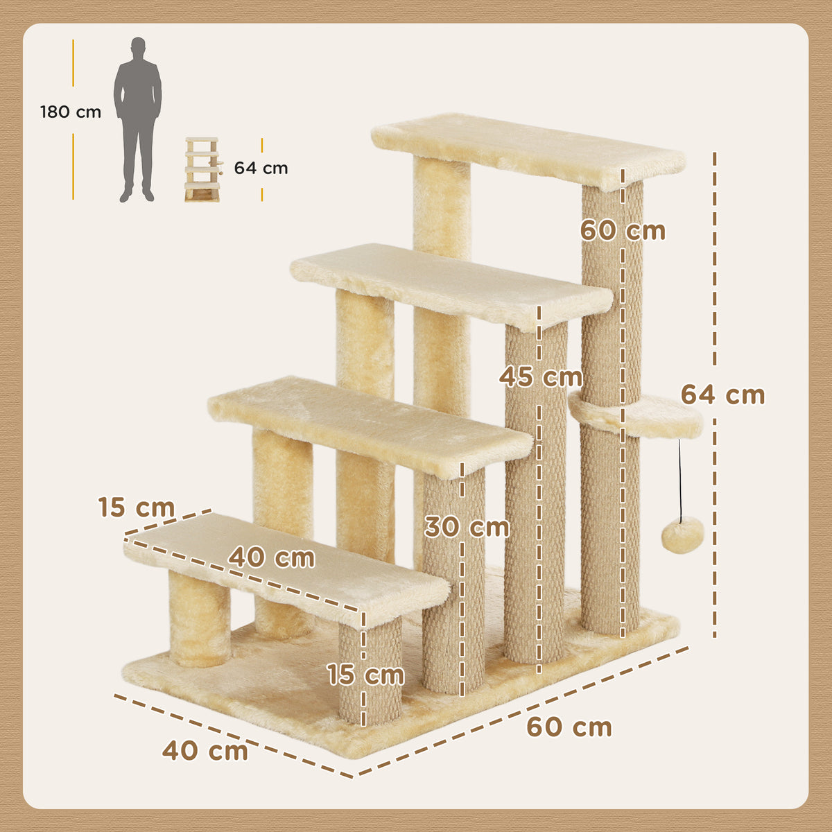 PawHut 4-step Pet Stairs with Scratching Posts, Platforms, Toy Ball, Beige