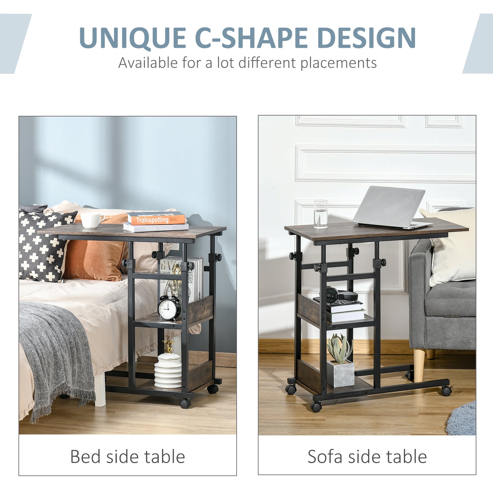 HOMCOM C-Shaped Side Table Industrial Mobile Rolling End Desk with 3-Tier Storage Shelving, Adjustable Height, Wheels - North Peak Garden Furniture