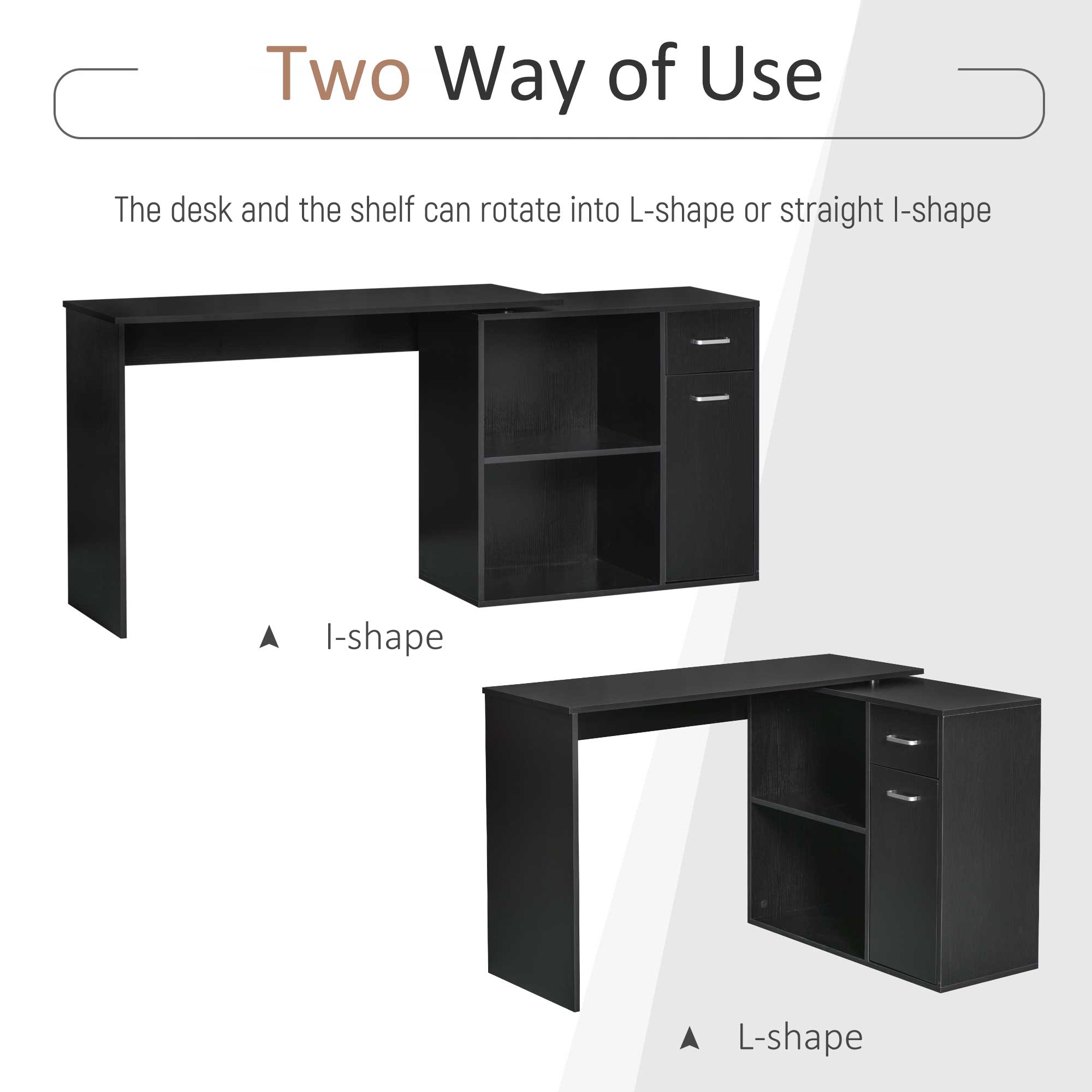 HOMCOM L-Shaped Desk, Corner Computer Desk, Adjustable Study Table with Storage Shelf, Drawer and Cabinet, Workstation for Home Office, Black Wood Grain - North Peak Garden Furniture