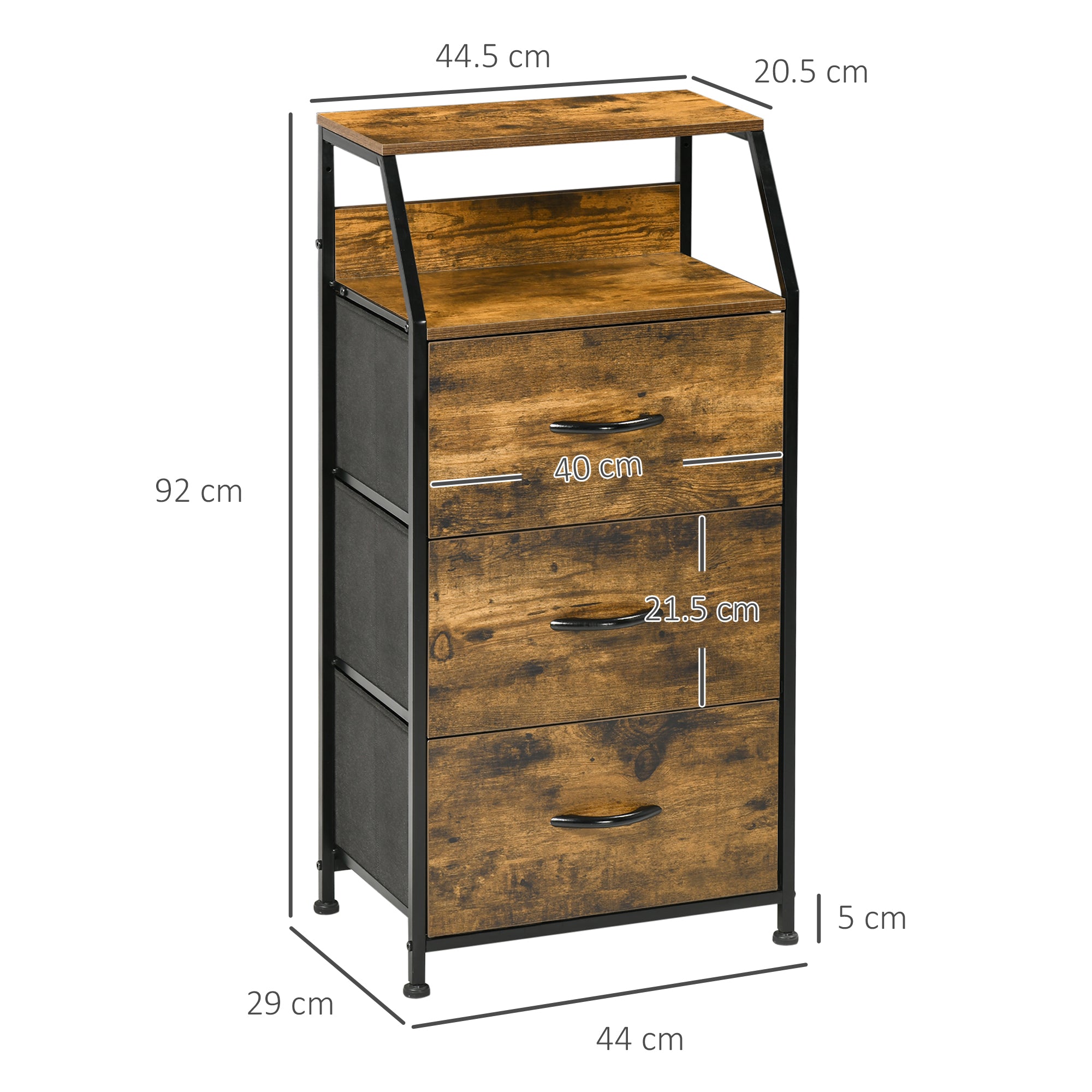 HOMCOM Industrial Storage Cabinet, Fabric Chest of Drawers with Display Shelves, 3 Drawers Storage Unit for Living Room, Rustic Brown - North Peak Garden Furniture