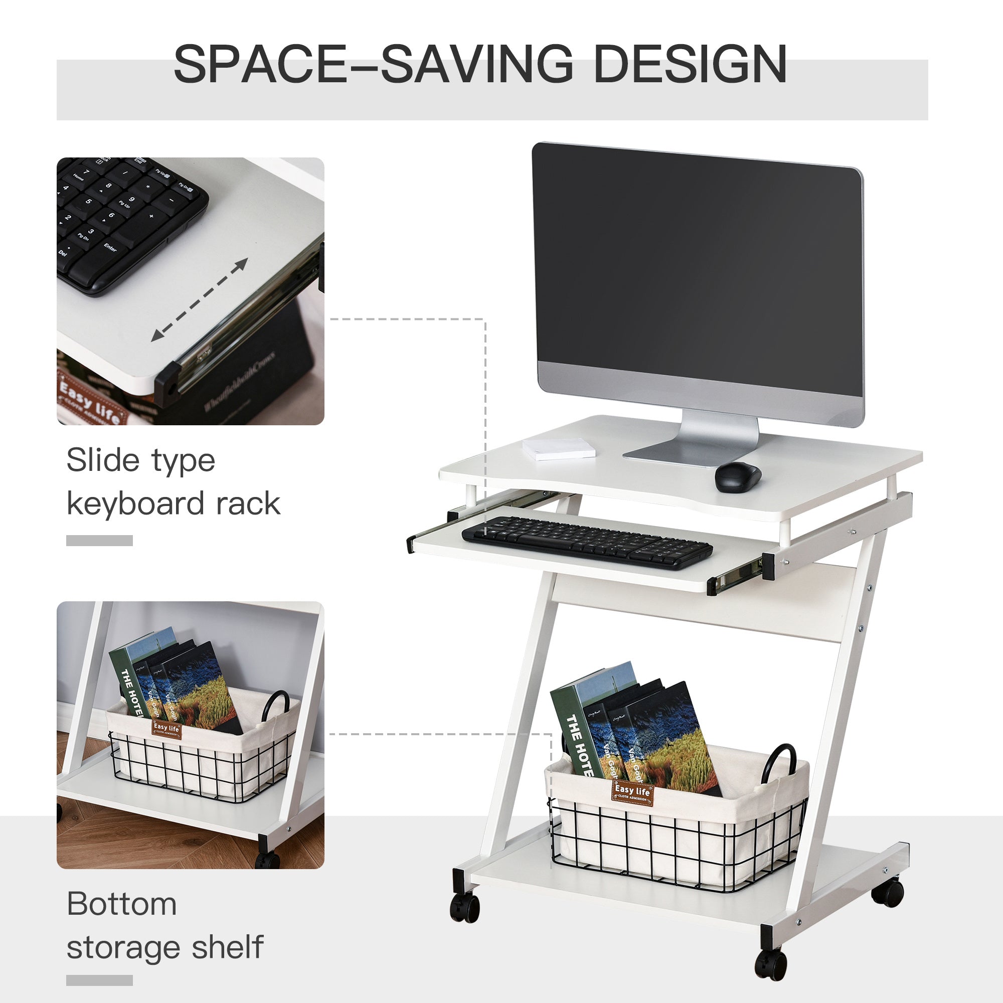 HOMCOM Movable Computer Desk with 4 Moving Wheels Sliding Keyboard Tray Home Office Workstation White - North Peak Garden Furniture