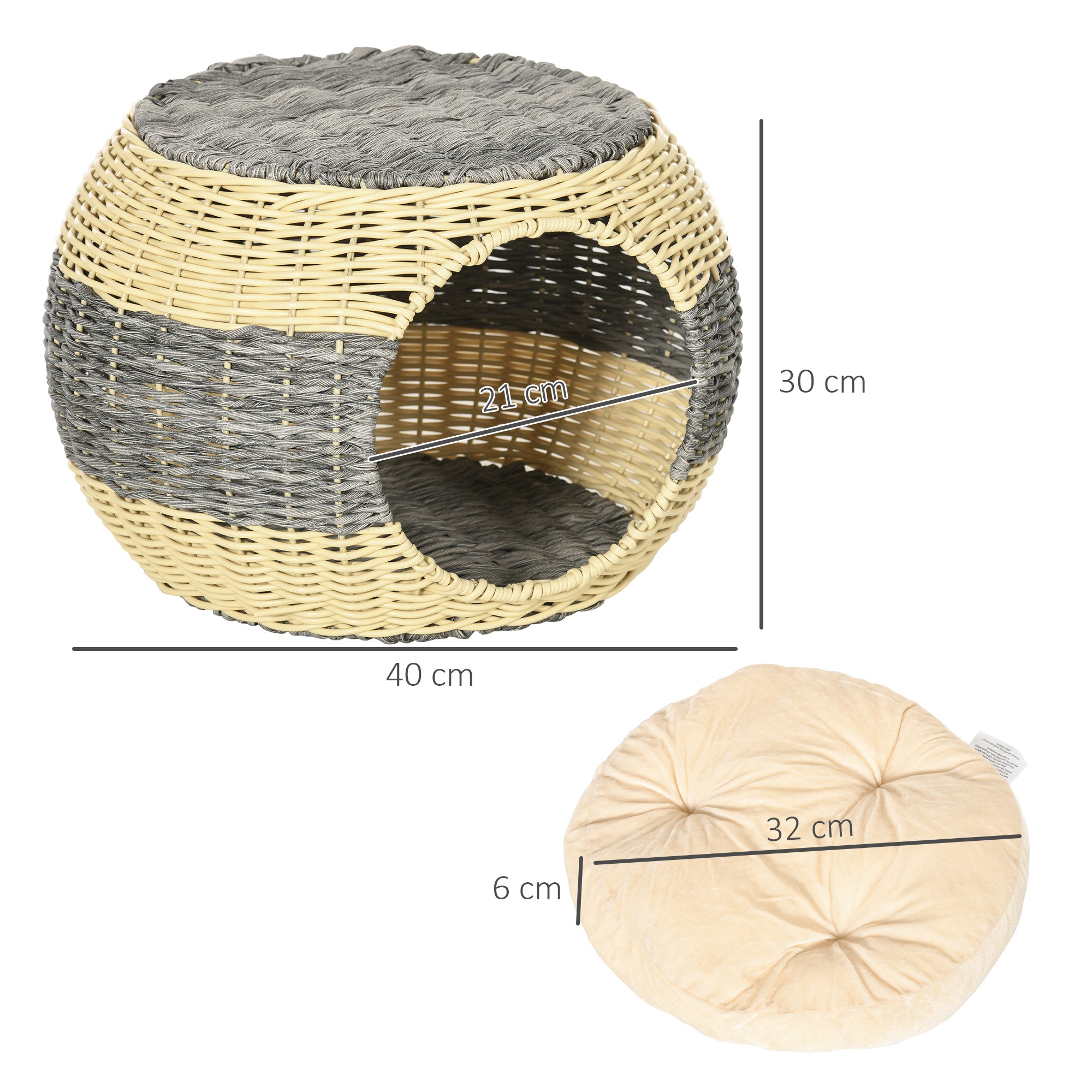 PawHut Wicker Cat House, Rattan Raised Cat Bed, Cosy Kitten Cave with Soft Washable Cushion, Φ40 x 30cm