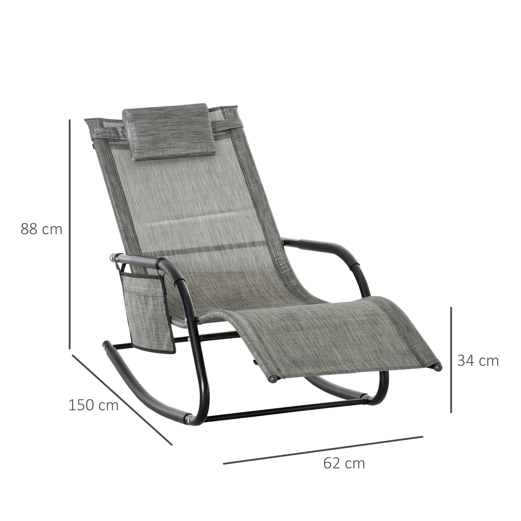 Outsunny Outdoor Garden Rocking Chair, Patio Sun Lounger Rocker Chair with Breathable Mesh Fabric, Removable Headrest Pillow, Armrest, Side Storage Bag, Dark Grey