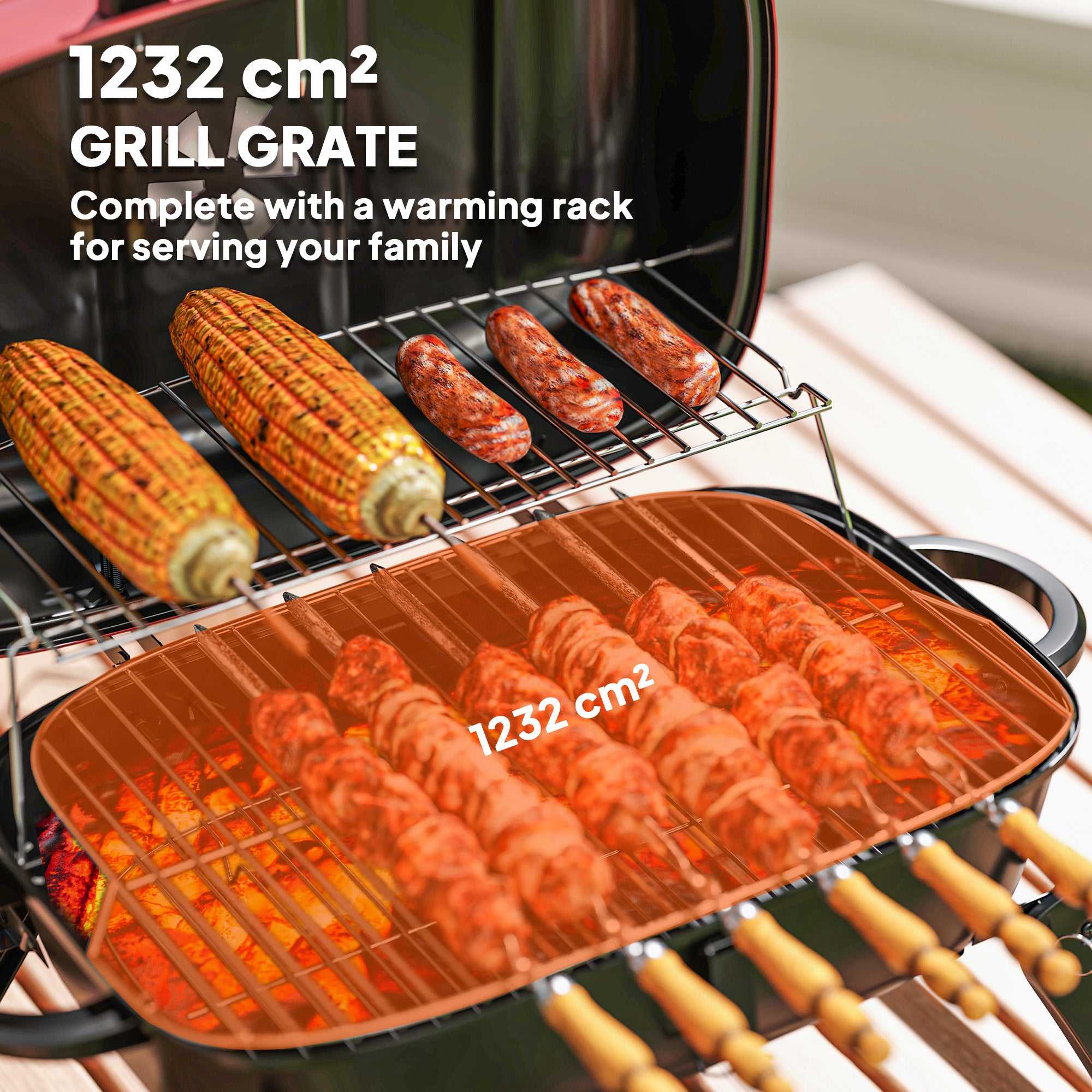 Outsunny Charcoal Barbecue Grill Folding BBQ Grill with 1232 cm² Cooking Area, Adjustable Vent, Thermometer, Handles for Camping Picnic, Red - North Peak Garden Furniture