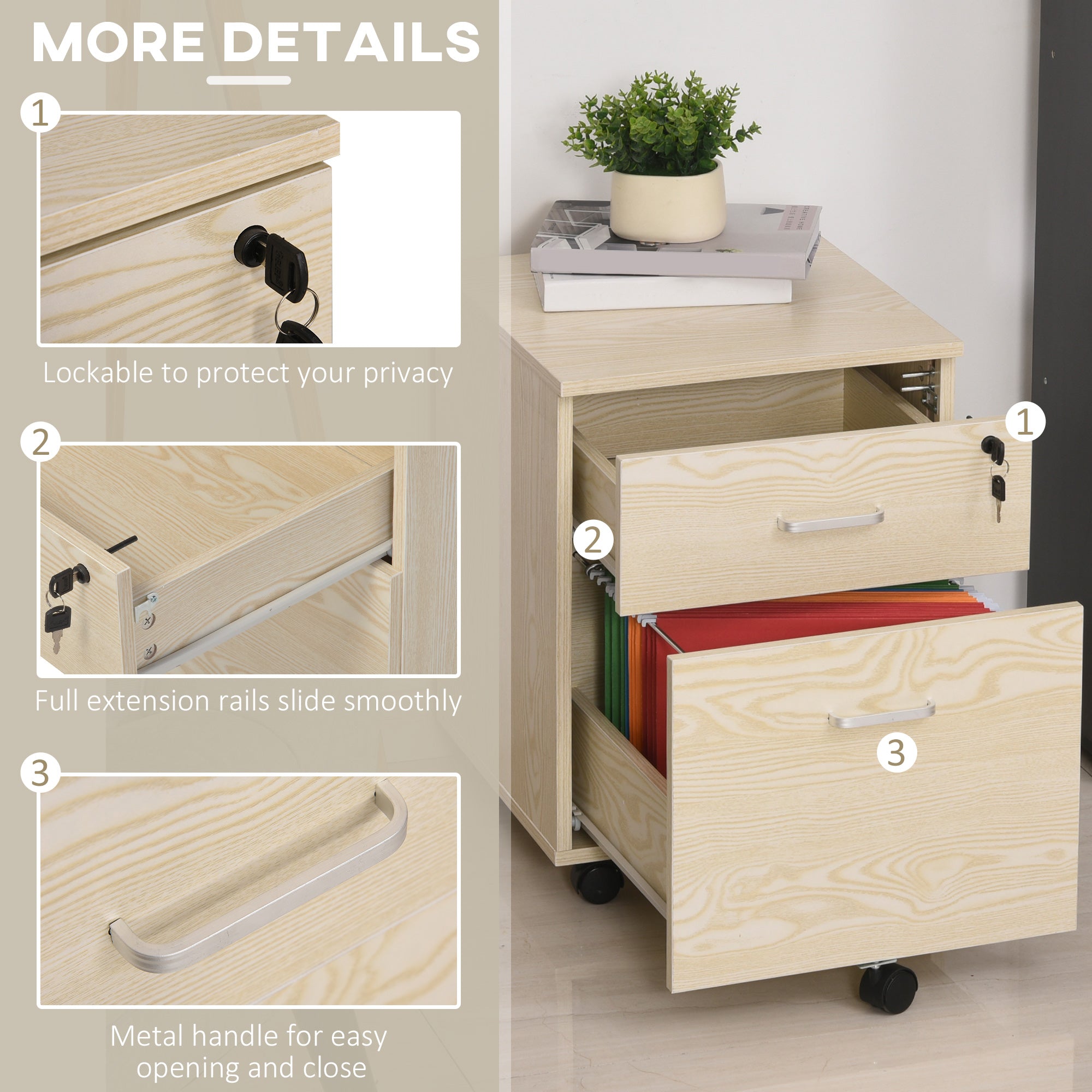 Vinsetto 2-Drawer Locking Office Filing Cabinet w/ 5 Wheels Rolling Storage Hanging Legal Letter Files Cupboard Home Organisation Oak Wood Grain - North Peak Garden Furniture