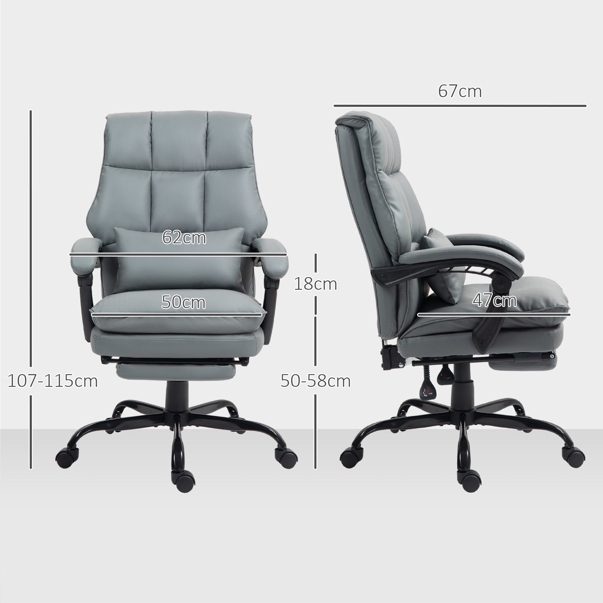 HOMCOM Faux Leather Reclining Office Chair, with Footrest - Grey - North Peak Garden Furniture