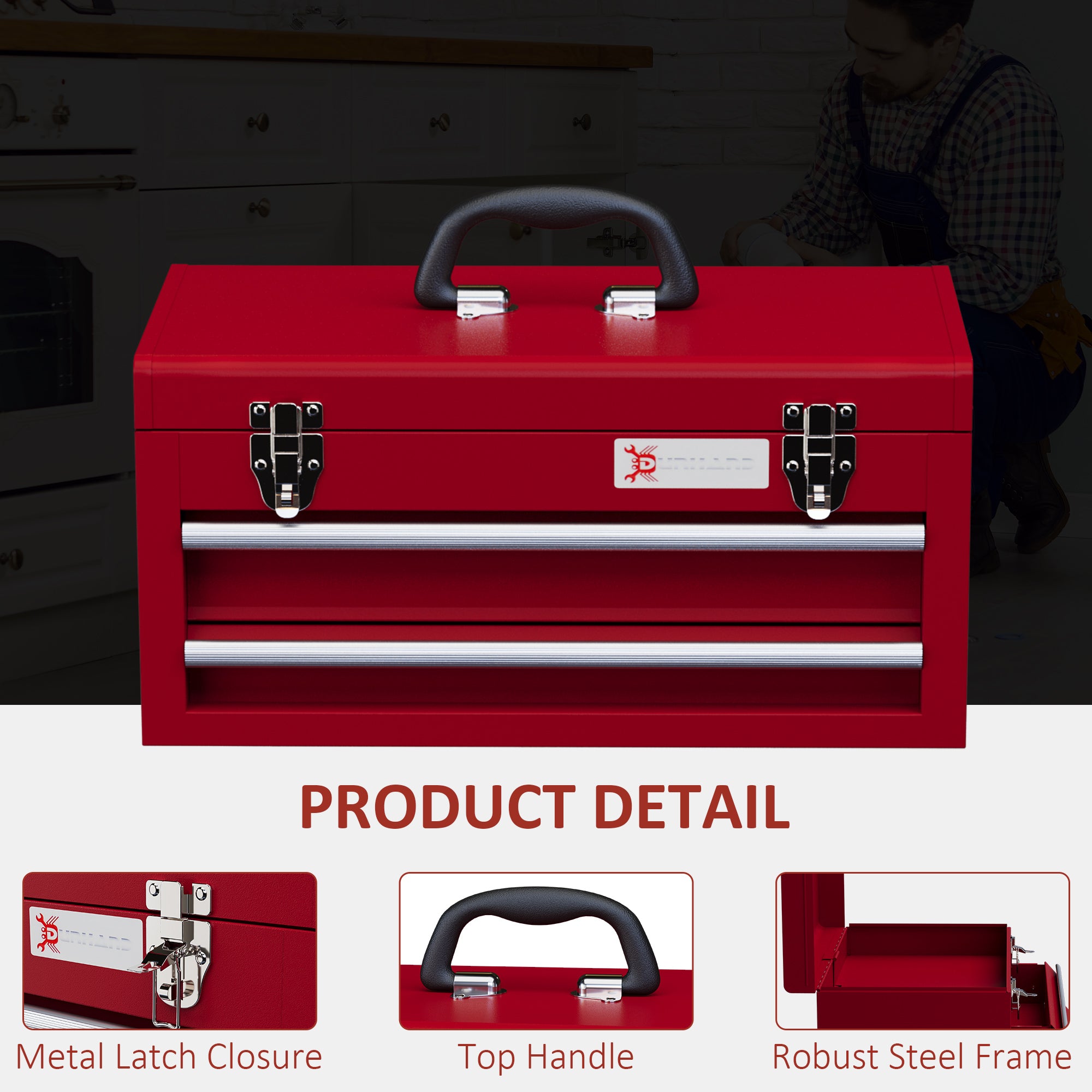 DURHAND Lockable Metal Tool Box, 2 Drawer Tool Chest with Latches, Handle, Ball Bearing Runners, Red - North Peak Garden Furniture