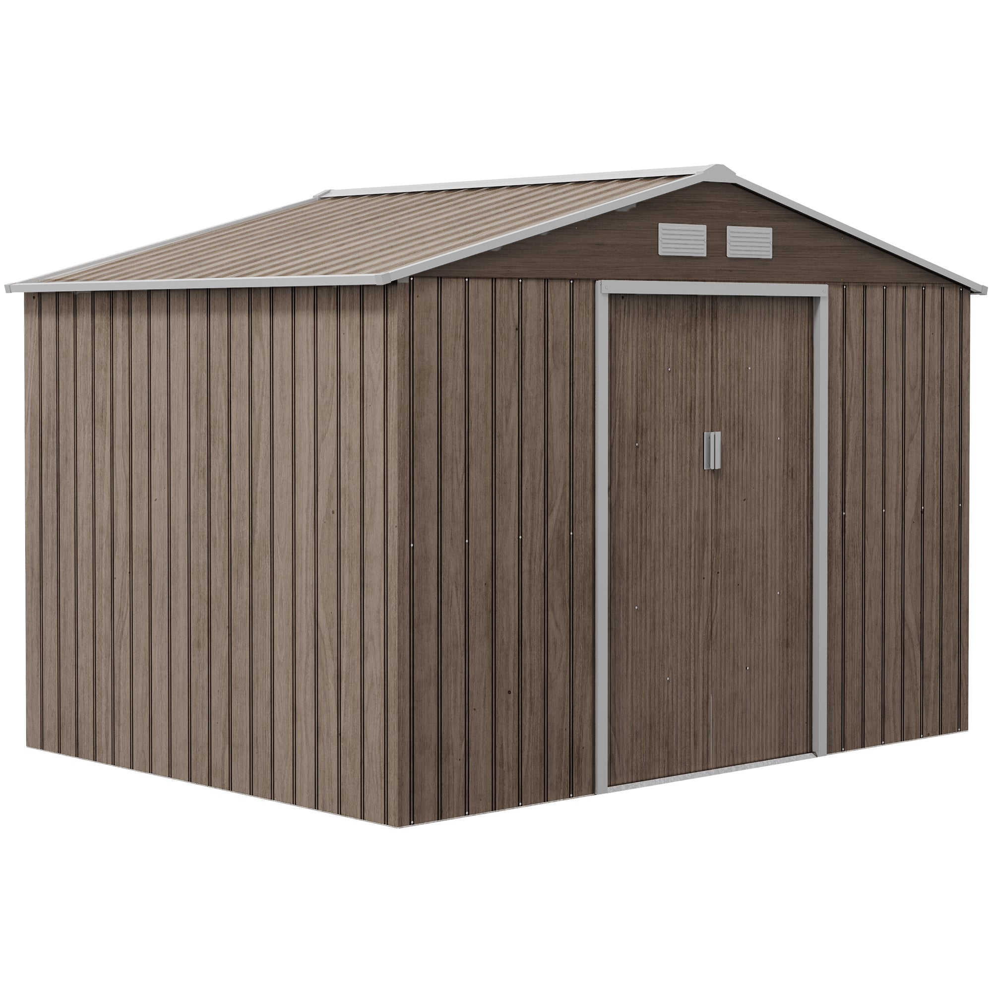 Outsunny 9 x 6ft Garden Metal Storage Shed, Outdoor Storage Tool House with Vents, Foundation and Lockable Double Doors, Brown - North Peak Garden Furniture