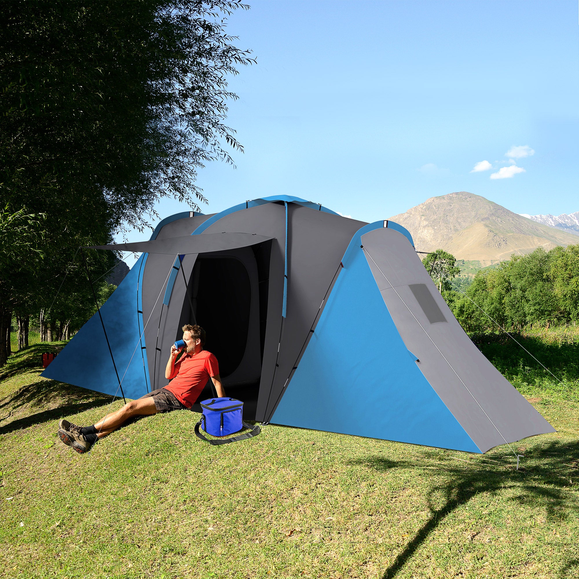 Outsunny 6 Man Tent, Camping Tent with 2 Bedroom and Living Area, 2000mm Waterproof Family Tent with Latern Hook, Blue | Aosom UK