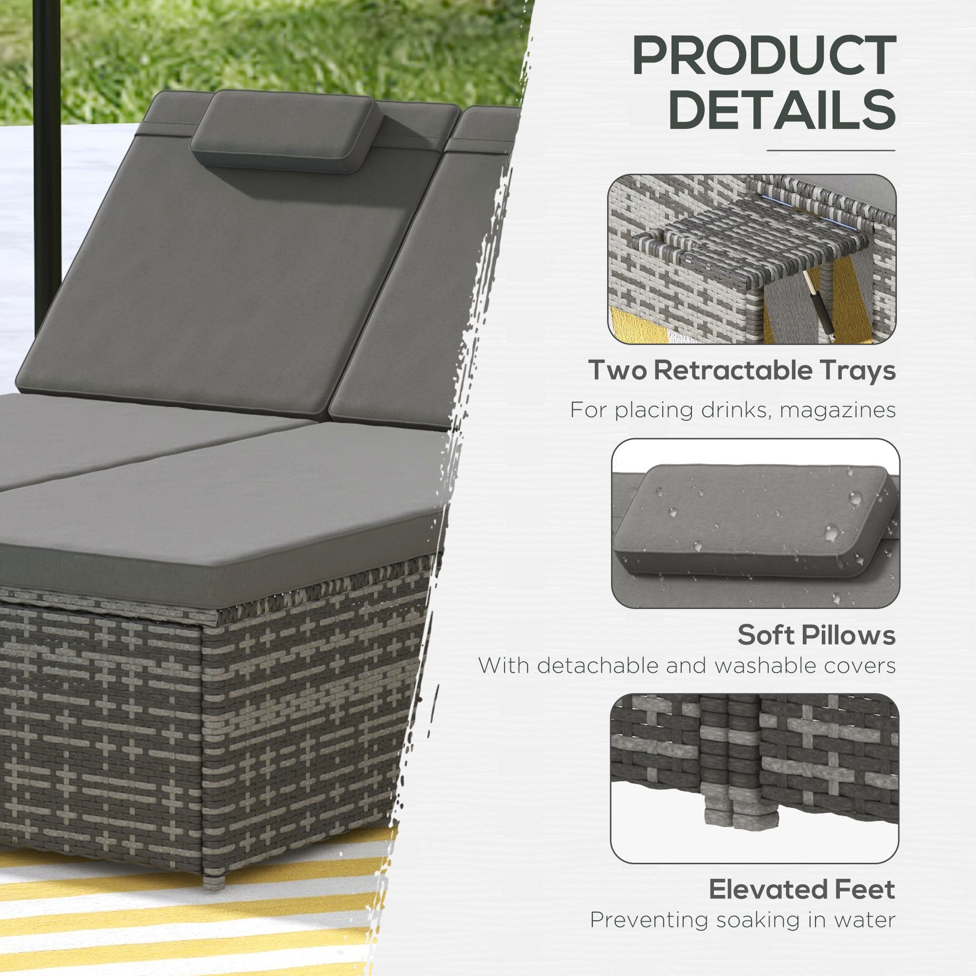 Outsunny 2 Seater Rattan Day Bed w/ Fire Retardant Cushions Grey - North Peak Garden Furniture