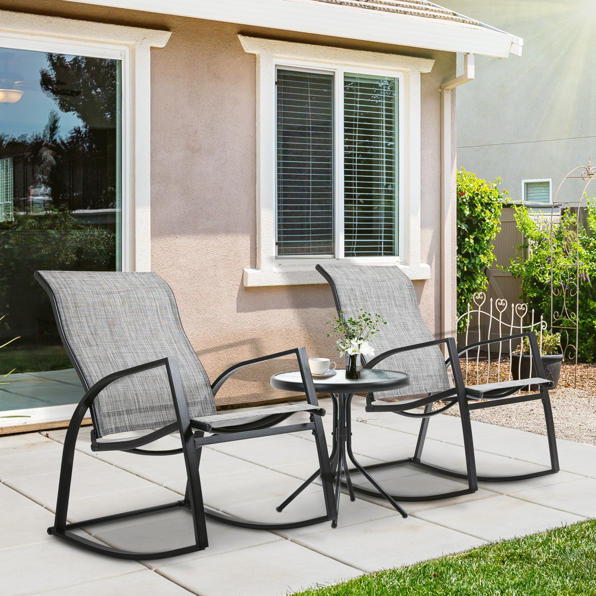 Outsunny Patio Bistro Set: 2 Rocking Chairs & Tempered Glass Table, Ideal for Garden & Poolside, Grey |