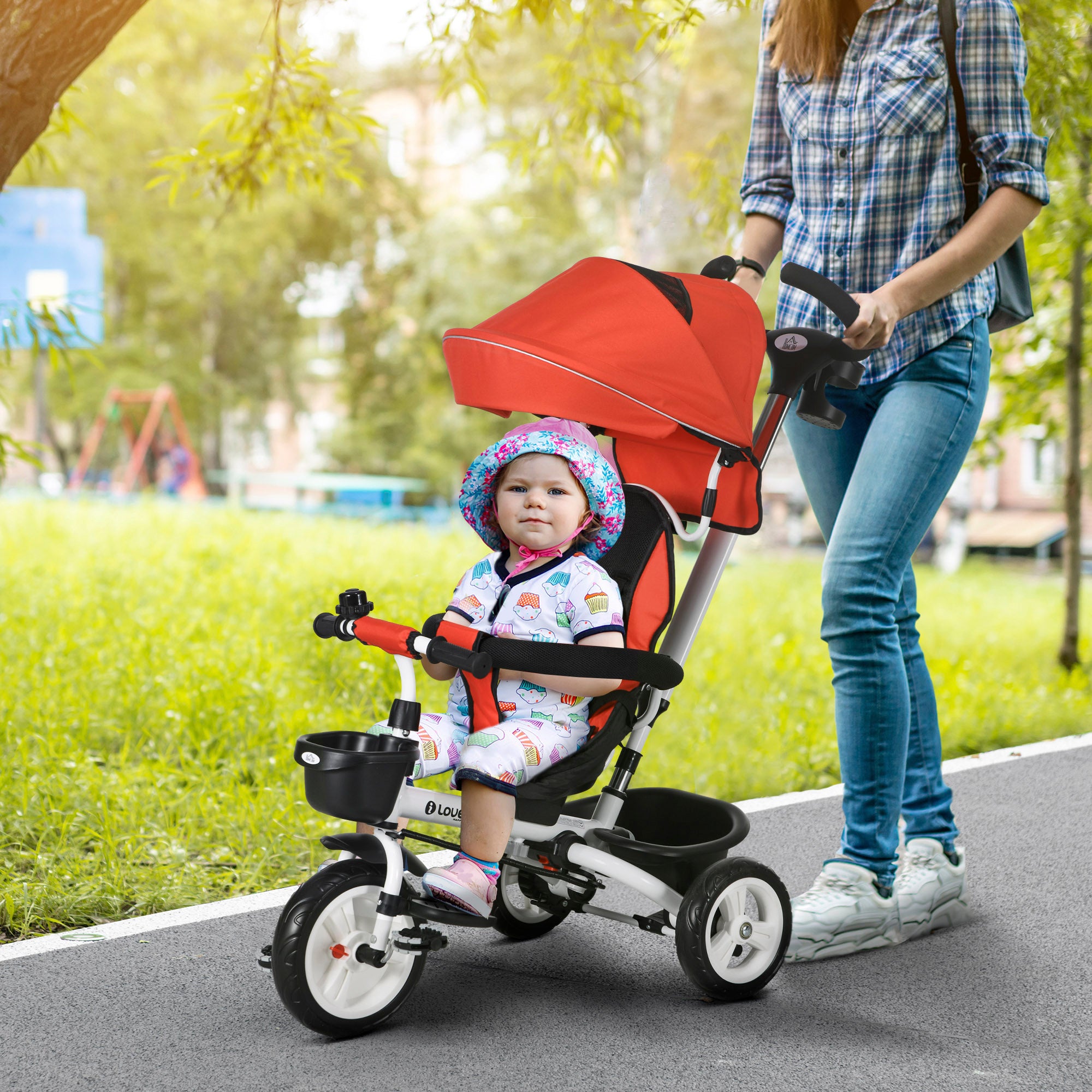 HOMCOM Metal Frame 6 in 1 Baby Push Tricycle with Parent Handle for 1-5 Years Old, Red - North Peak Garden Furniture