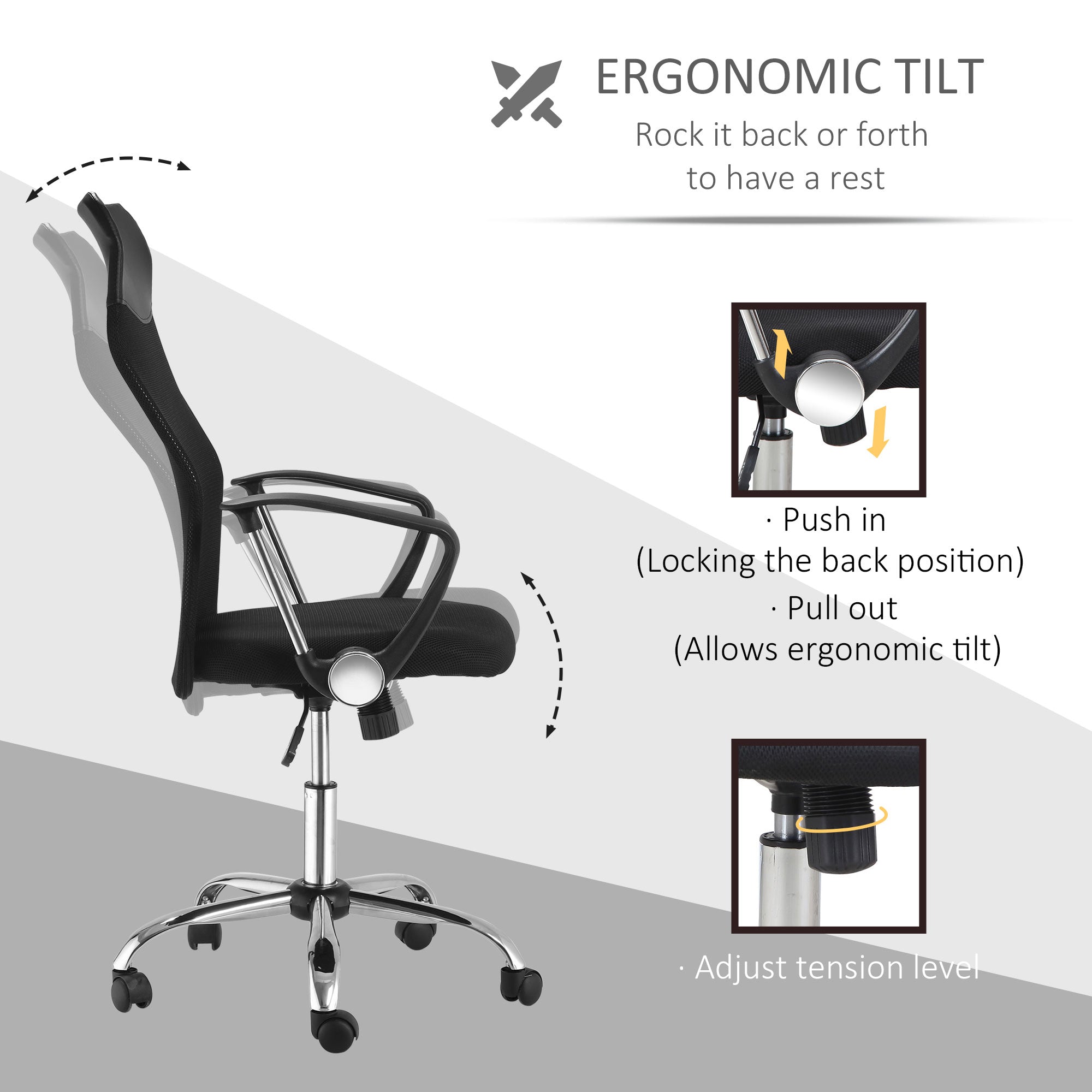 HOMCOM Ergonomic Office Chair Mesh Chair with Adjustable Height Tilt Function Black - North Peak Garden Furniture