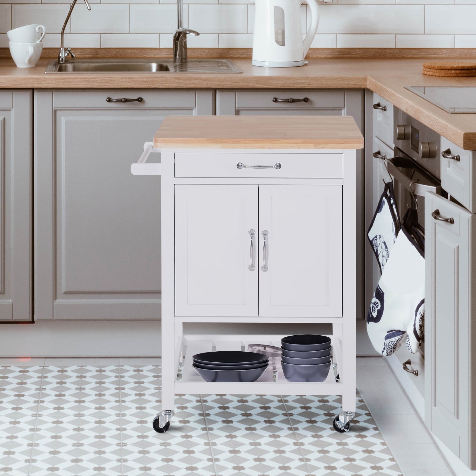 HOMCOM Kitchen Storage Trolley Cart Rolling Wheels Shelves Cupboard W/ Drawer And Towel Rail Rubber Wood Worktop White - North Peak Garden Furniture
