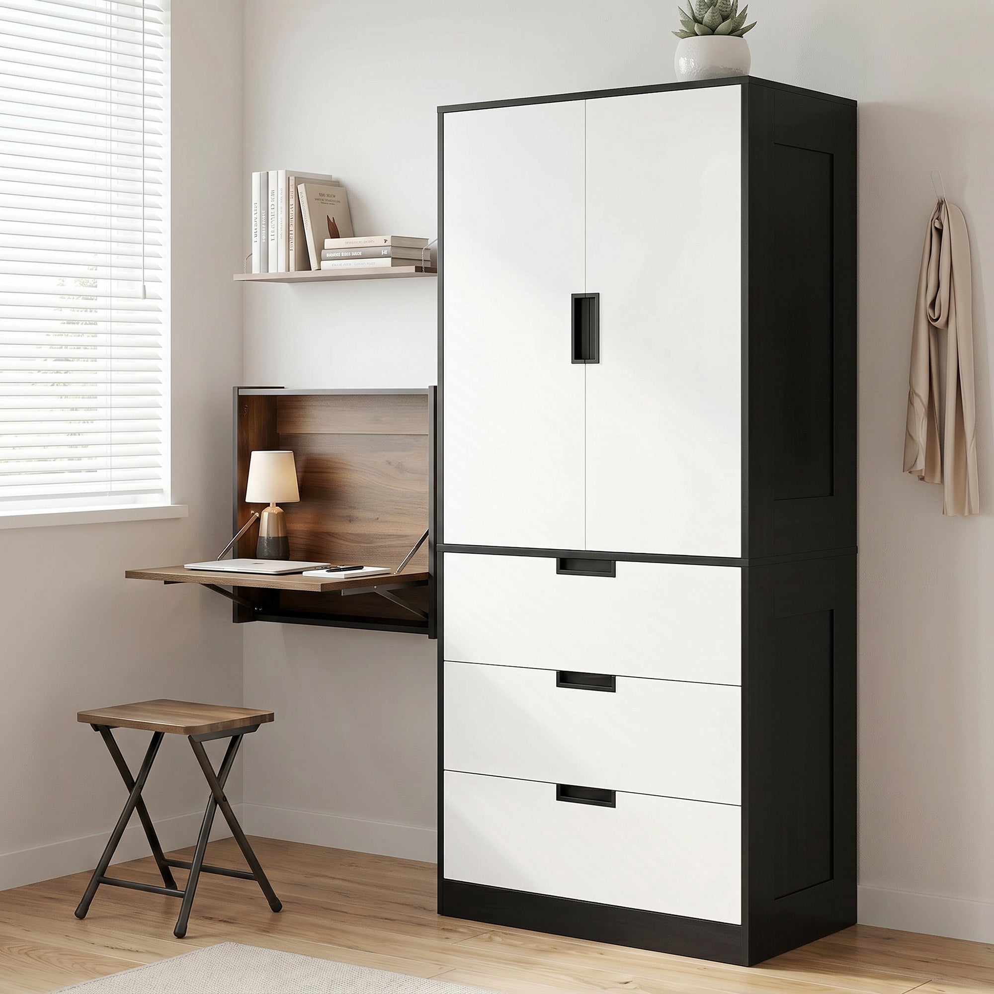 HOMCOM 2 Door Wardrobe, Modern Wardrobe with 3 Drawers and Hanging Rod for Bedroom, Black