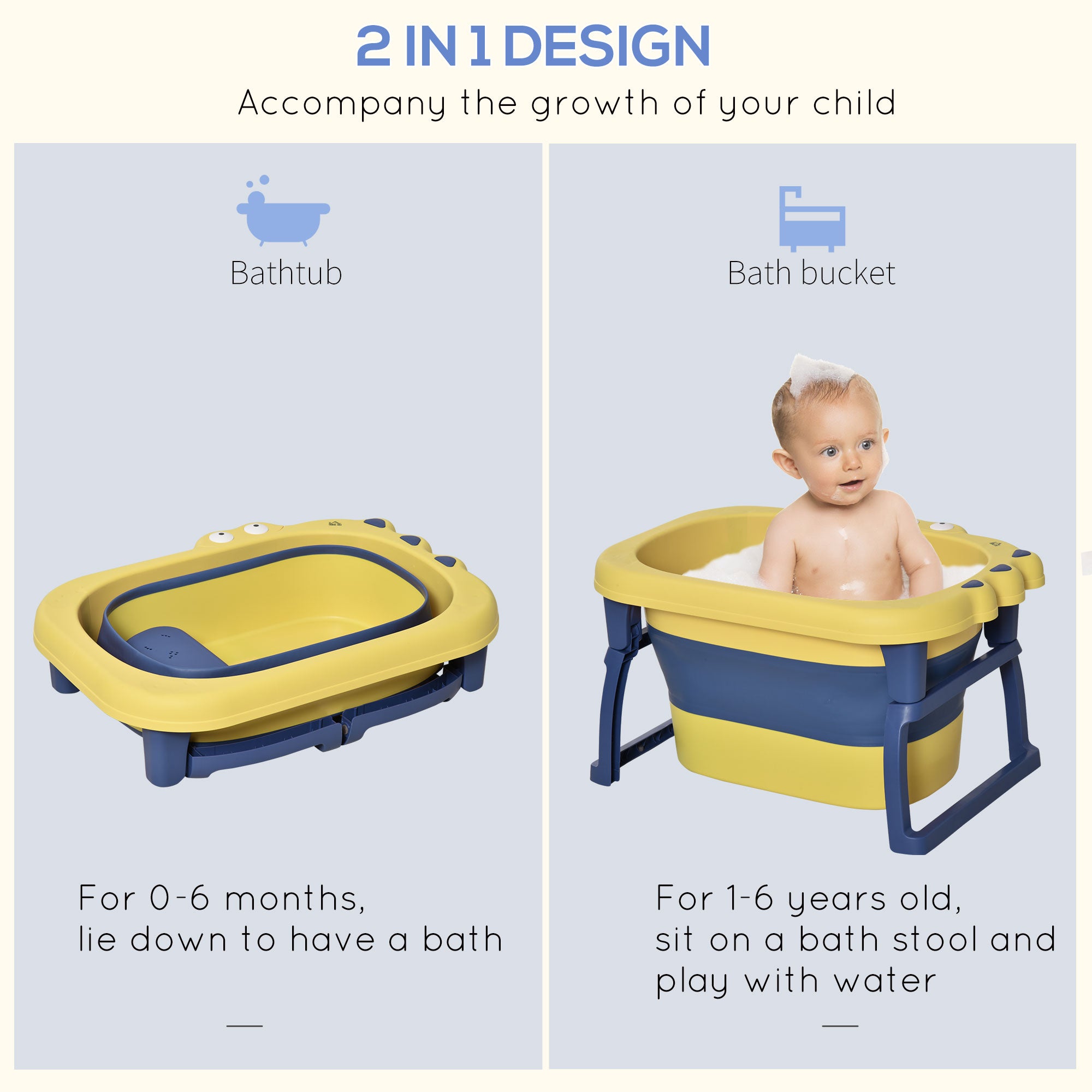HOMCOM Baby Bathtub for 0-6 Years Collapsible Non-Slip Portable with Stool Seat for Newborns Infants Toddlers Kids - Yellow - North Peak Garden Furniture