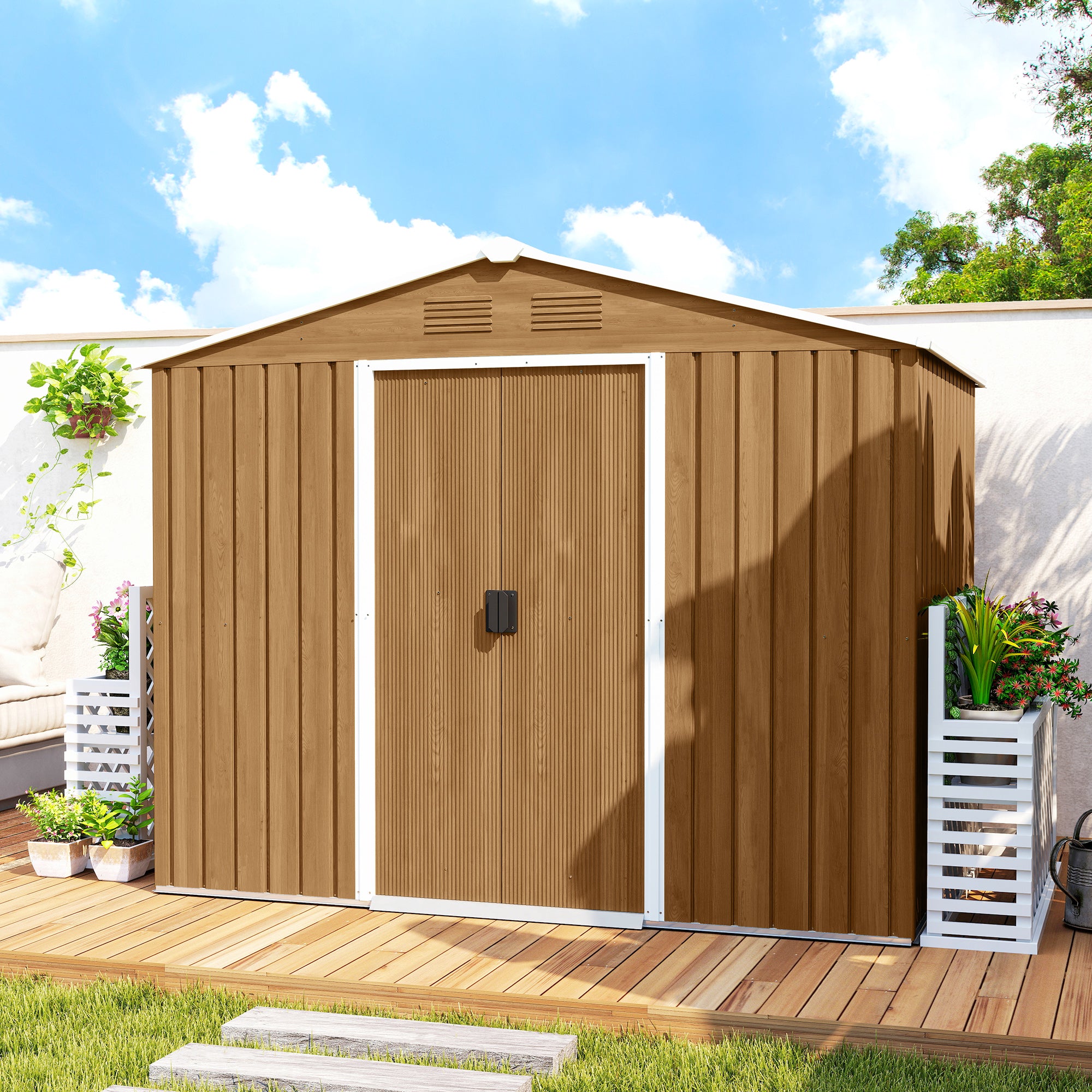 Outsunny 8 x 6ft Outdoor Garden Storage Shed, Metal Tool House with Ventilation and Sliding Doors Chocolate Wood Effect