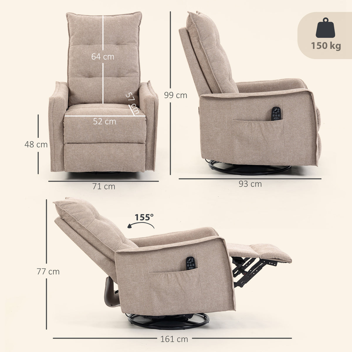 HOMCOM Recliner Armchair, Chenille Recliner Chair with Massage and Heat, 360° Swivel Rocking Manual Recliner, Brown
