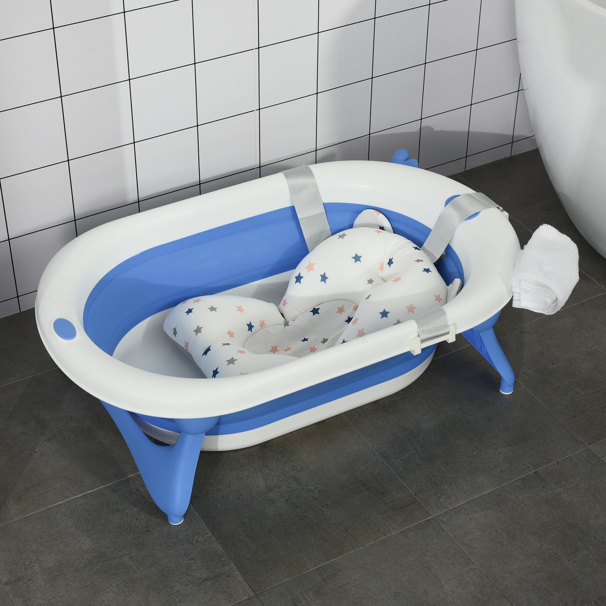 HOMCOM Foldable Baby Bathtub Set, Collapsible Bath Tub with Thermostatic Water Plug, Non-Slip Support, Cushion Pad, Drain Plugs, for Newborn to 3 Years - Blue - North Peak Garden Furniture