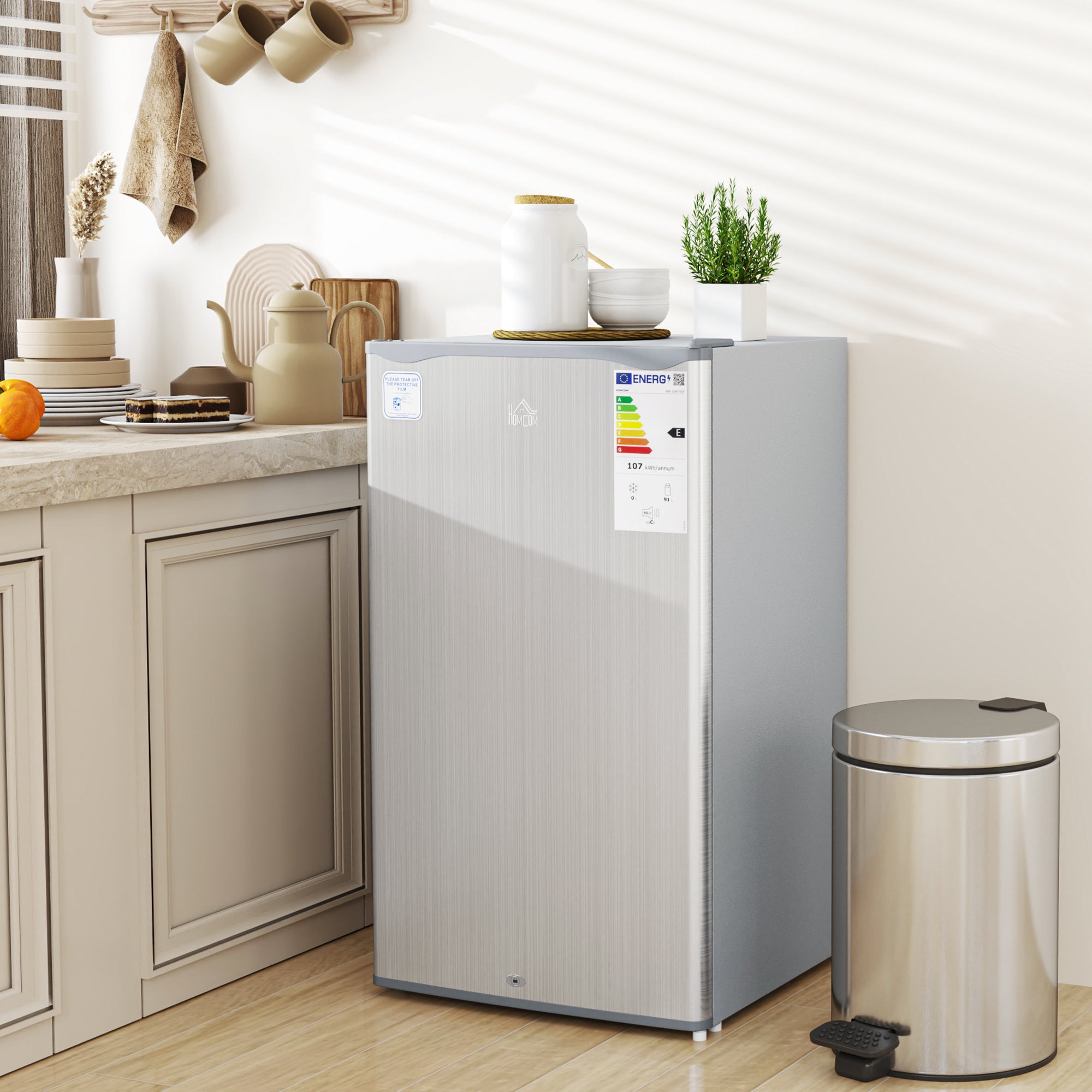 HOMCOM 91L Freestanding Under-Counter Fridge with Lock - Silver Tone - North Peak Garden Furniture