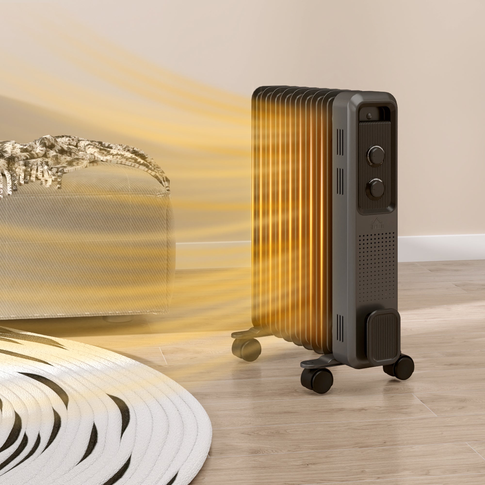 HOMCOM 2000W Oil Filled Radiator, 9 Fin, Portable Electric Heater with 3 Heat Settings, Safety Cut-Off and Wheels, Grey - North Peak Garden Furniture