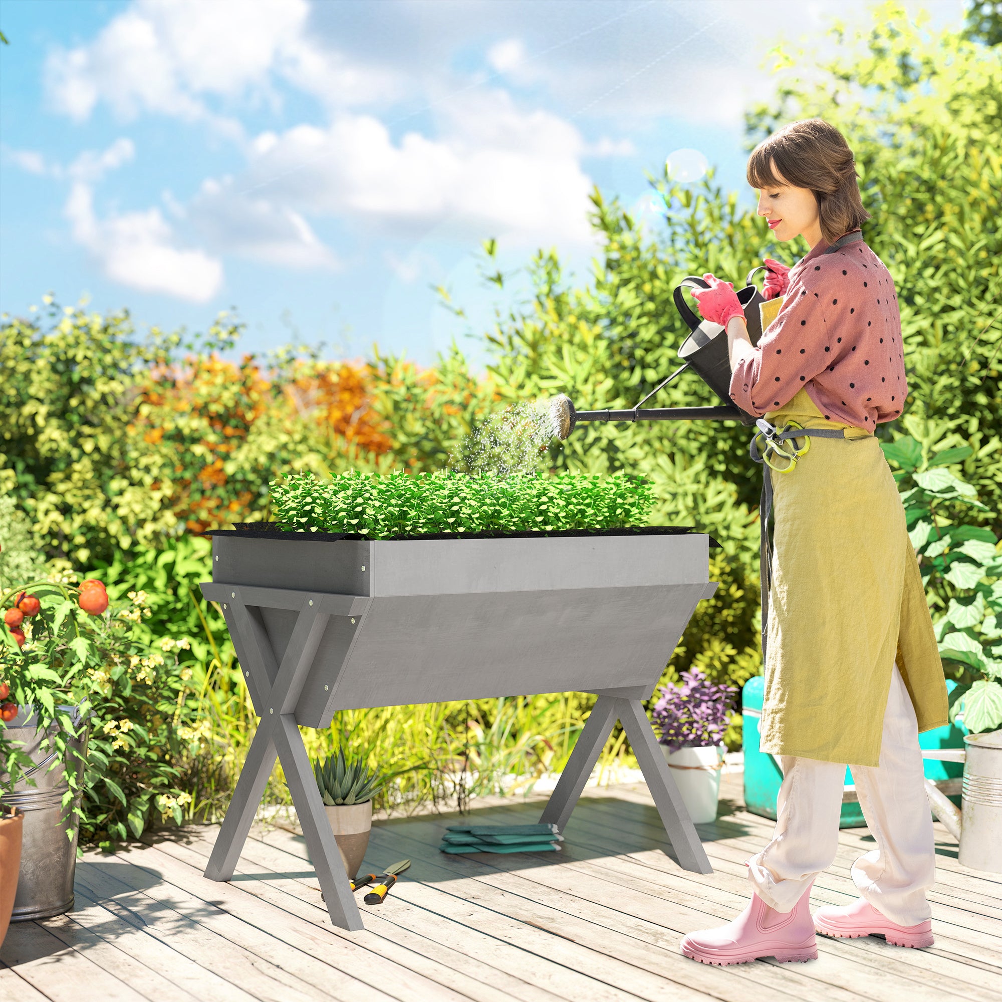 Outsunny Wooden Raised Garden Bed with Bed Liner, Elevated Planter Box with Legs, Light Grey