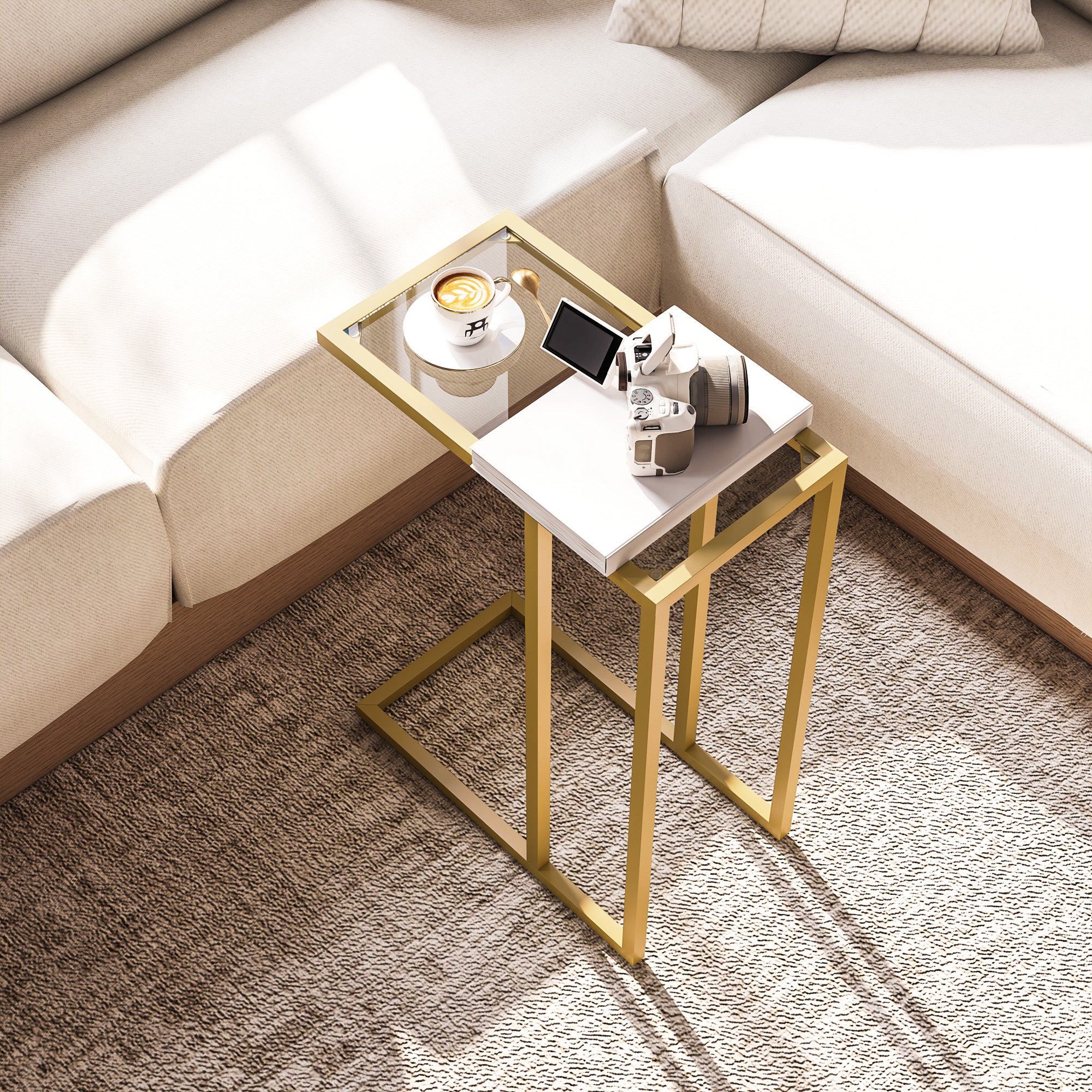 HOMCOM C-Shaped Side Table, Modern Slim End Table with Tempered Glass Tabletop, Steel Frame for Small Space, Living Room, Bedroom, Gold Tone - North Peak Garden Furniture