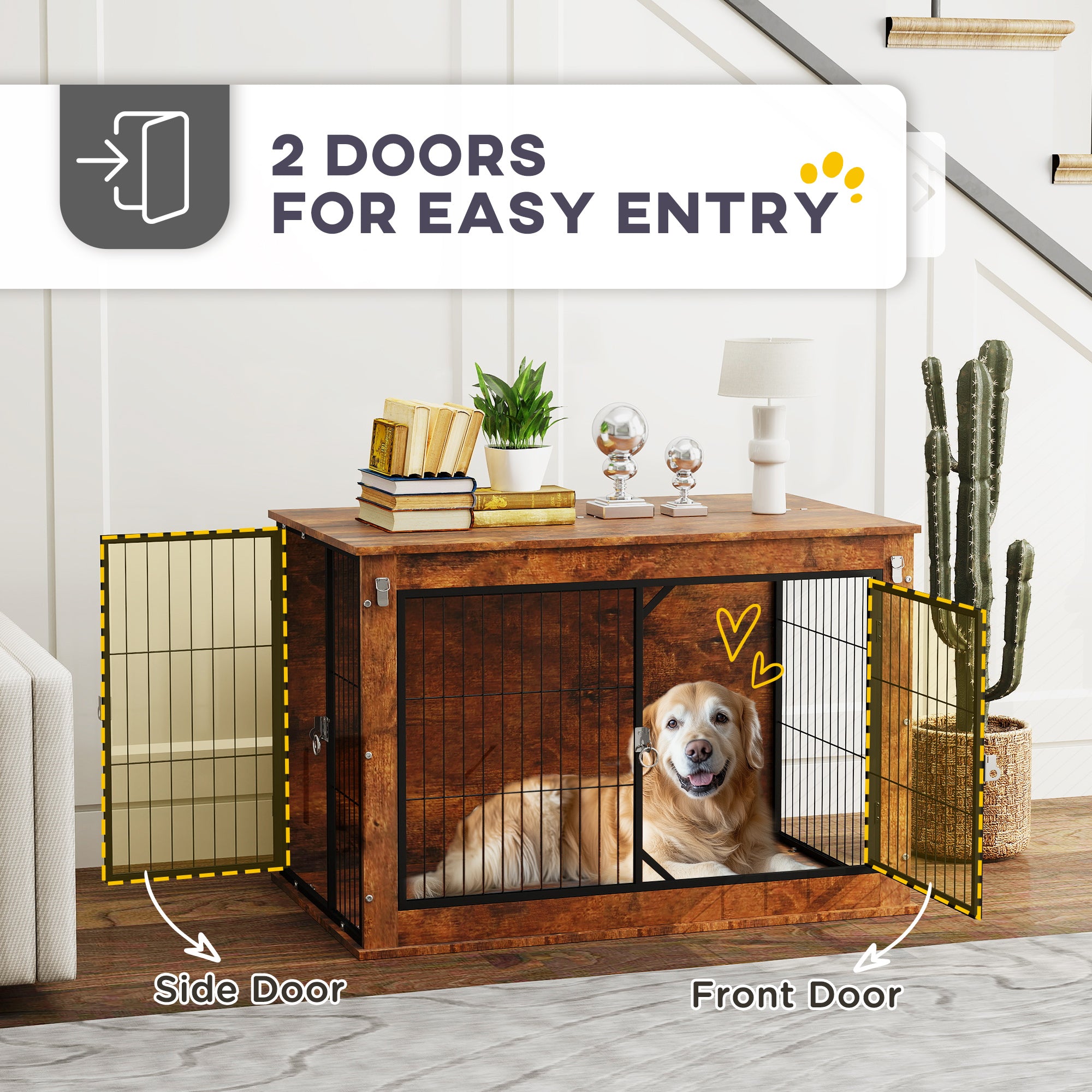 PawHut Dog Crate Furniture with Flip-up Top, 2 Doors, for Large Dogs, 98 x 60 x 65.5cm, Rustic Brown - North Peak Garden Furniture