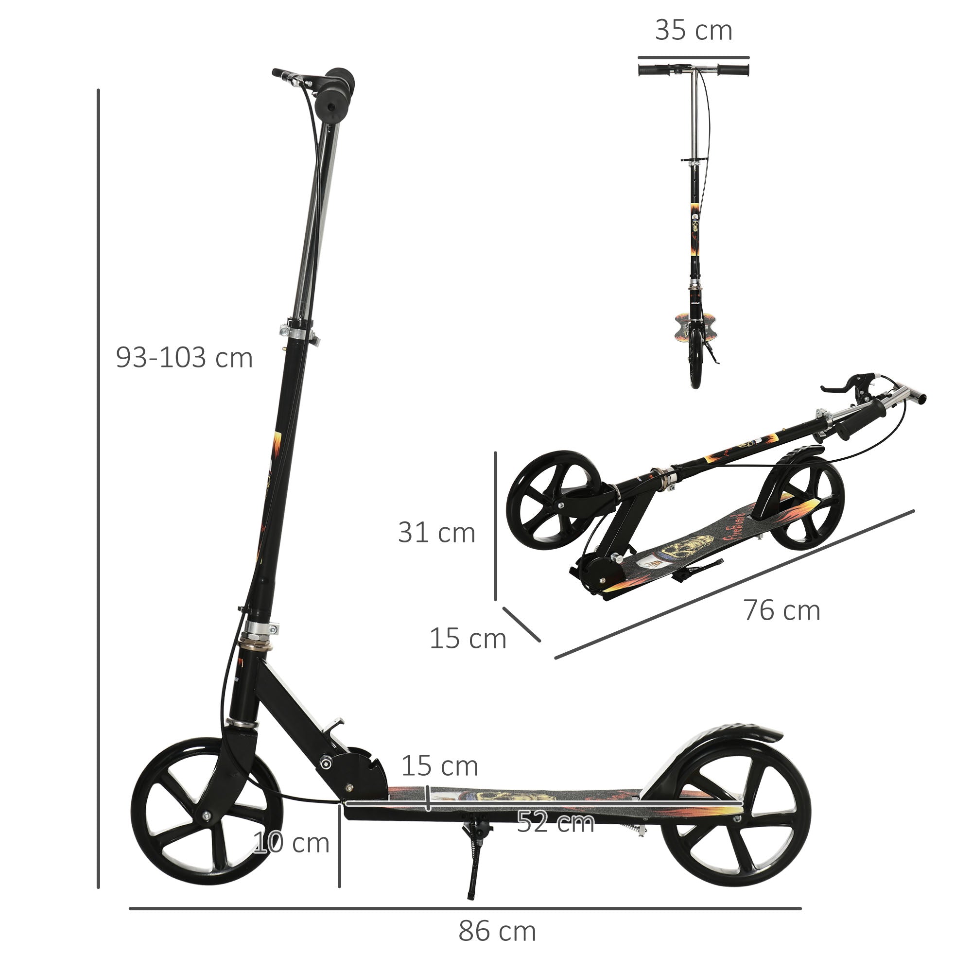 HOMCOM Kids Foldable Kick Scooter w/ Adjustable Height, Break, Big Wheels, for Ages 7-14 Years - Black - North Peak Garden Furniture