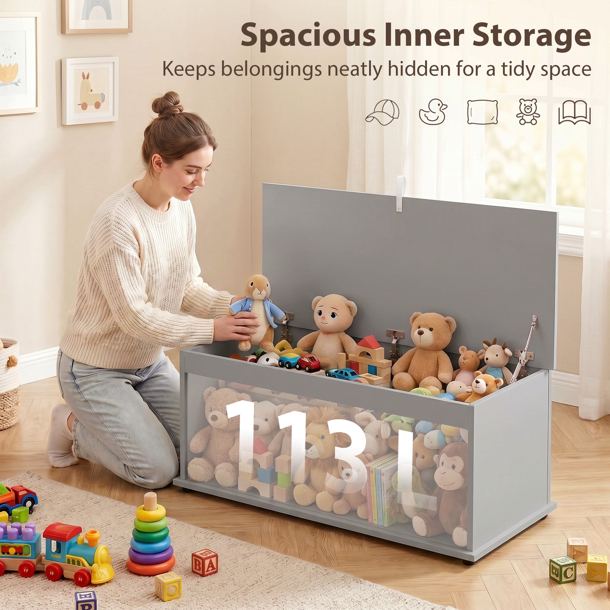 HOMCOM 113L Storage Chest, Storage Box with Flip-Top Lid and 2 Safety Hinges, Storage Trunk for Living Room, Entryway, 100 x 40 x 40 cm, Grey
