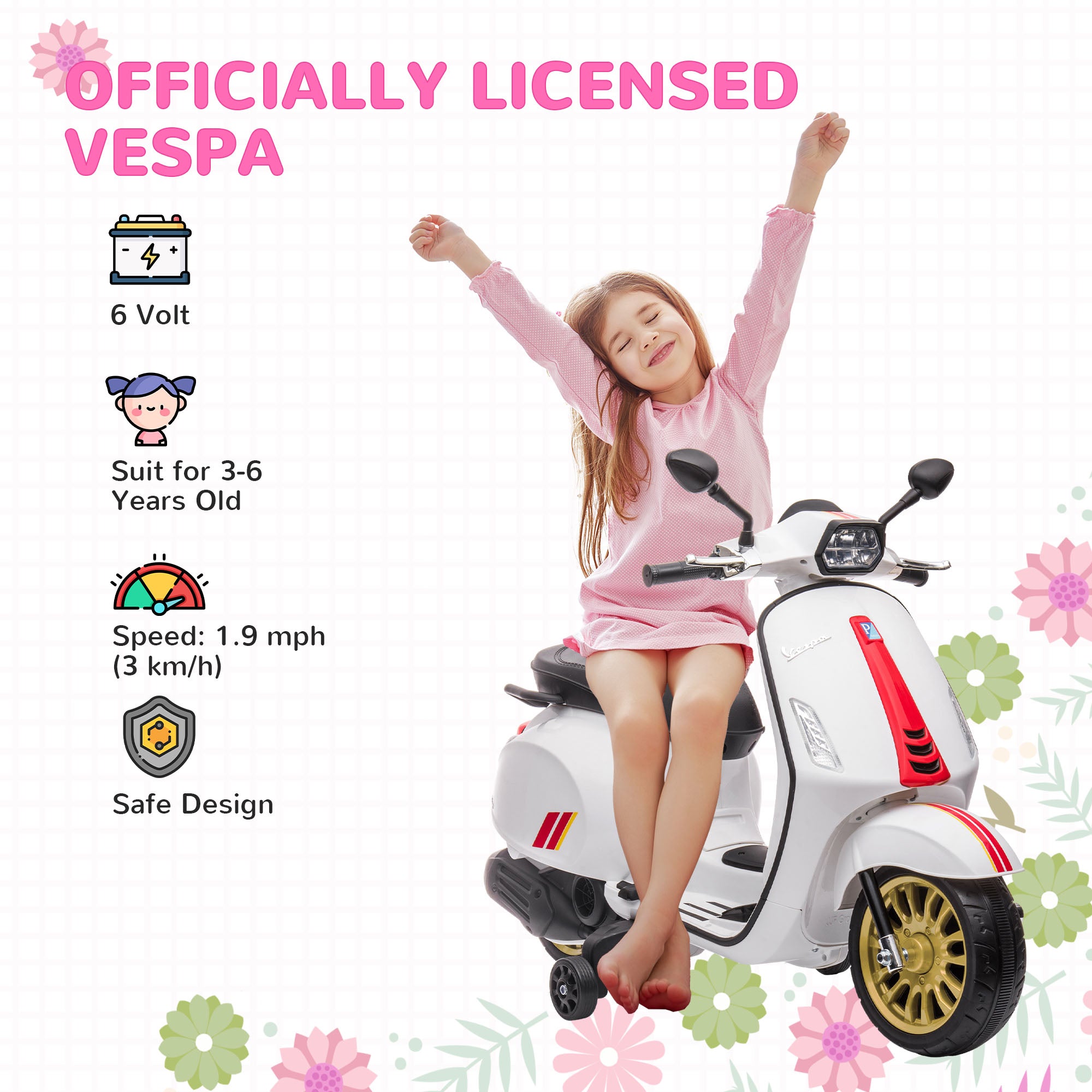 AIYAPLAY 12V Vespa Licensed Kids Electric Motorbike w/ Music, Headlights, FM Radio, for 3-6 Years - White - North Peak Garden Furniture