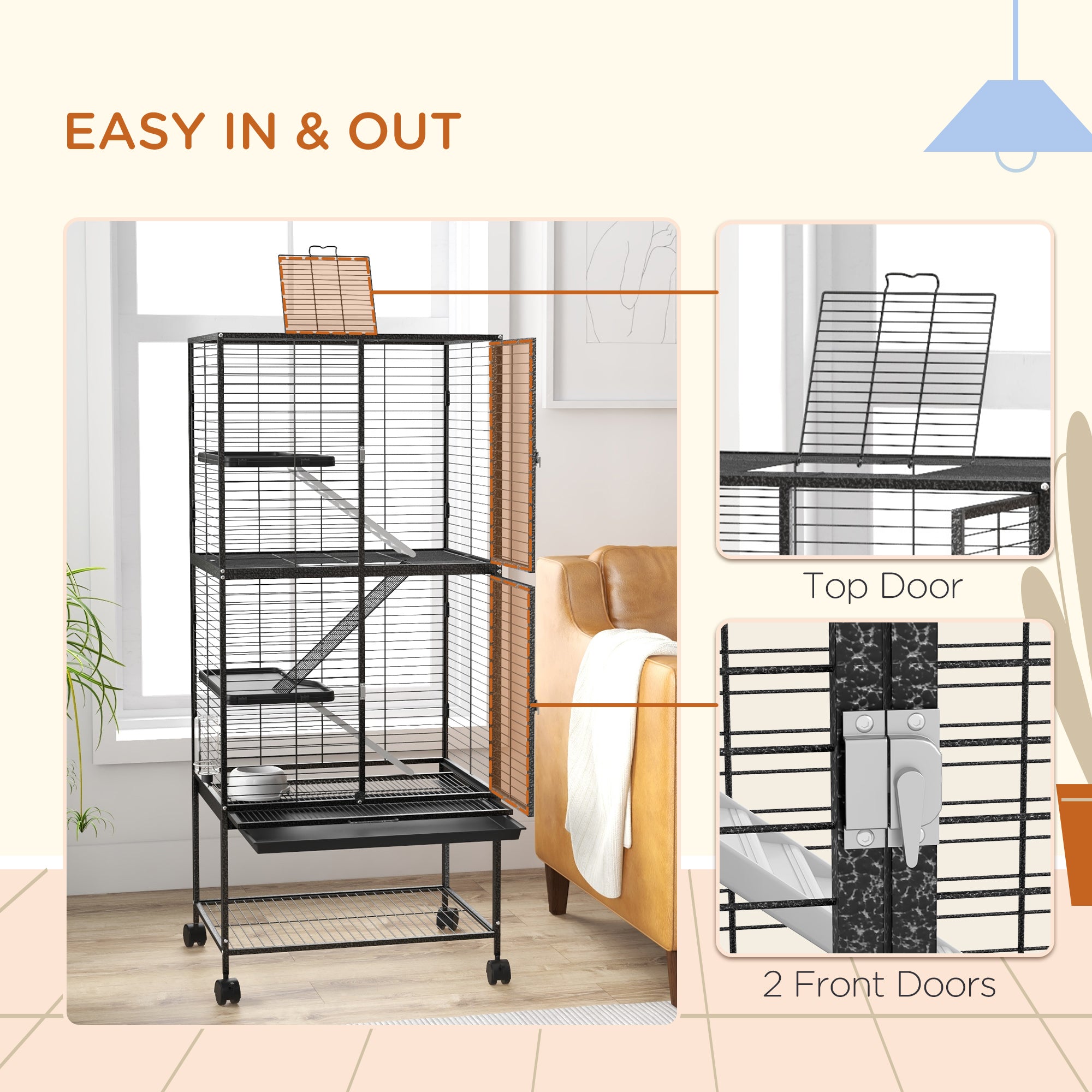 PawHut Rolling Chinchilla Cage, Small Animal Cage for Ferrets w/ Three Doors, Storage, Shelf, Tray Tray, Bowl, Water Bottle - North Peak Garden Furniture