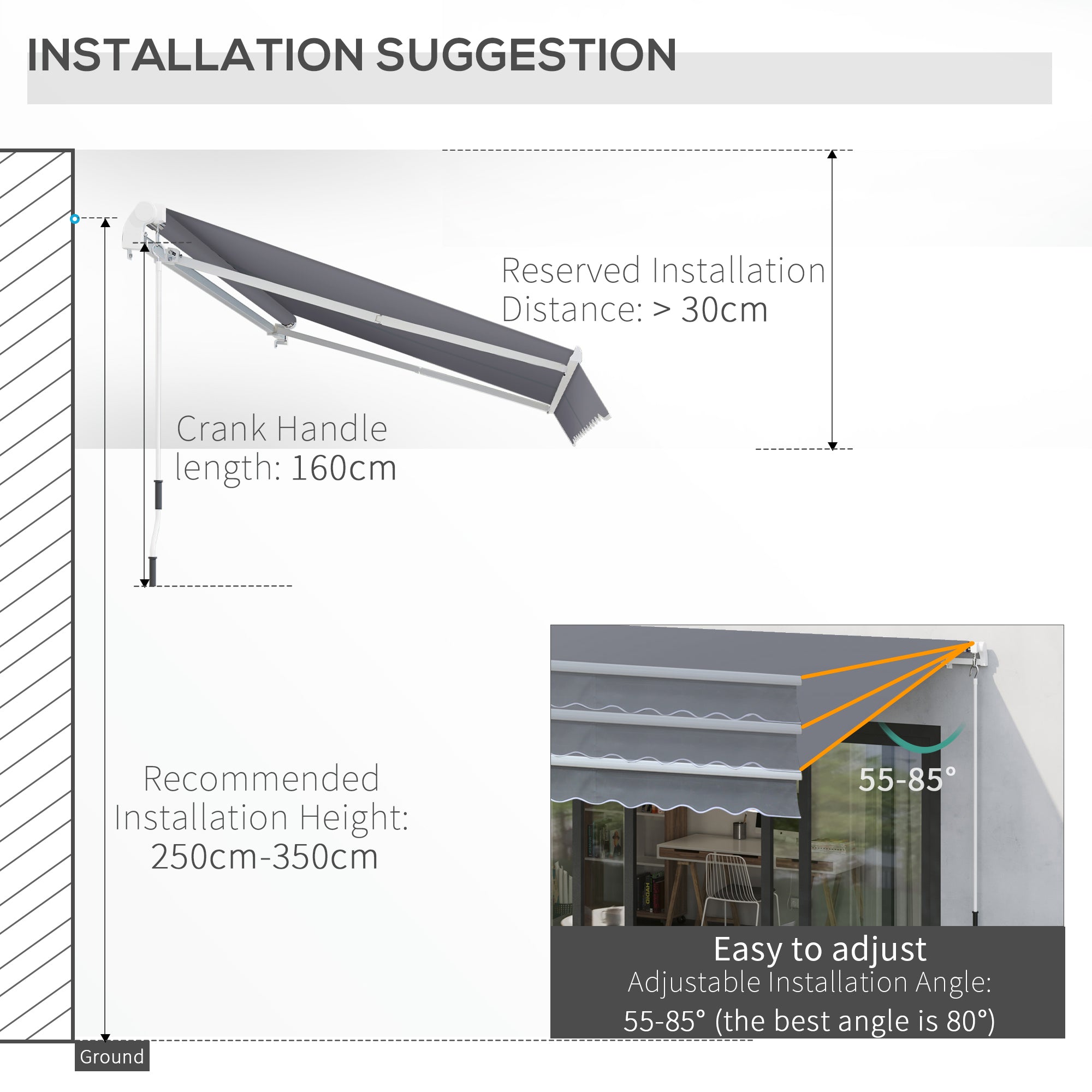 Outsunny 3 x 2.5m Garden Patio Manual Awning Retractable Canopy Sun Shade Shelter with Fittings and Crank Handle Grey