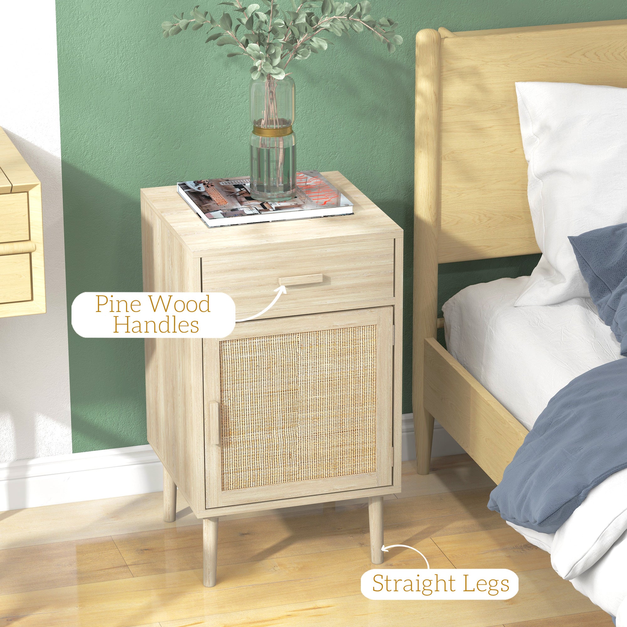 HOMCOM Bedside Table Set of 2, Rattan Side Tables with Drawer, Cabinet and Adjustable Shelf, Boho Bedside Cabinet with Storage for Bedroom, Living Room, Natural Wood Effect - North Peak Garden Furniture