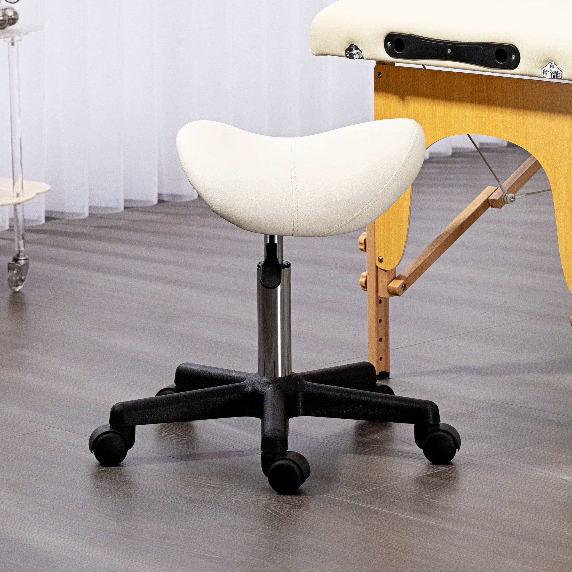 HOMCOM Saddle Stool, PU Leather Adjustable Rolling Salon Chair with Steel Frame for Massage, Spa, Beauty and Tattoo, White - North Peak Garden Furniture
