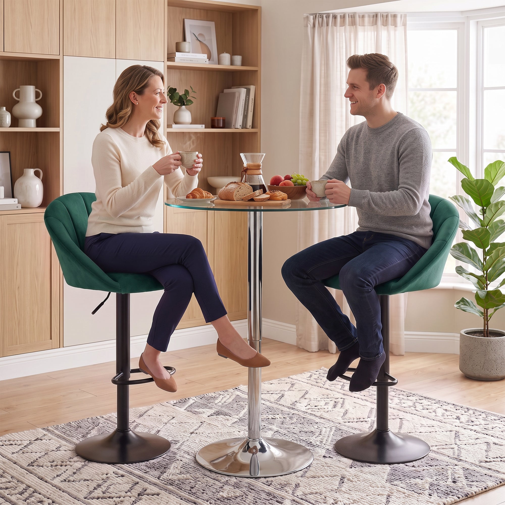 HOMCOM Bar Stools Set of 2 Adjustable Swivel Velvet Breakfast Bar Stools with Backrest, Dark Green