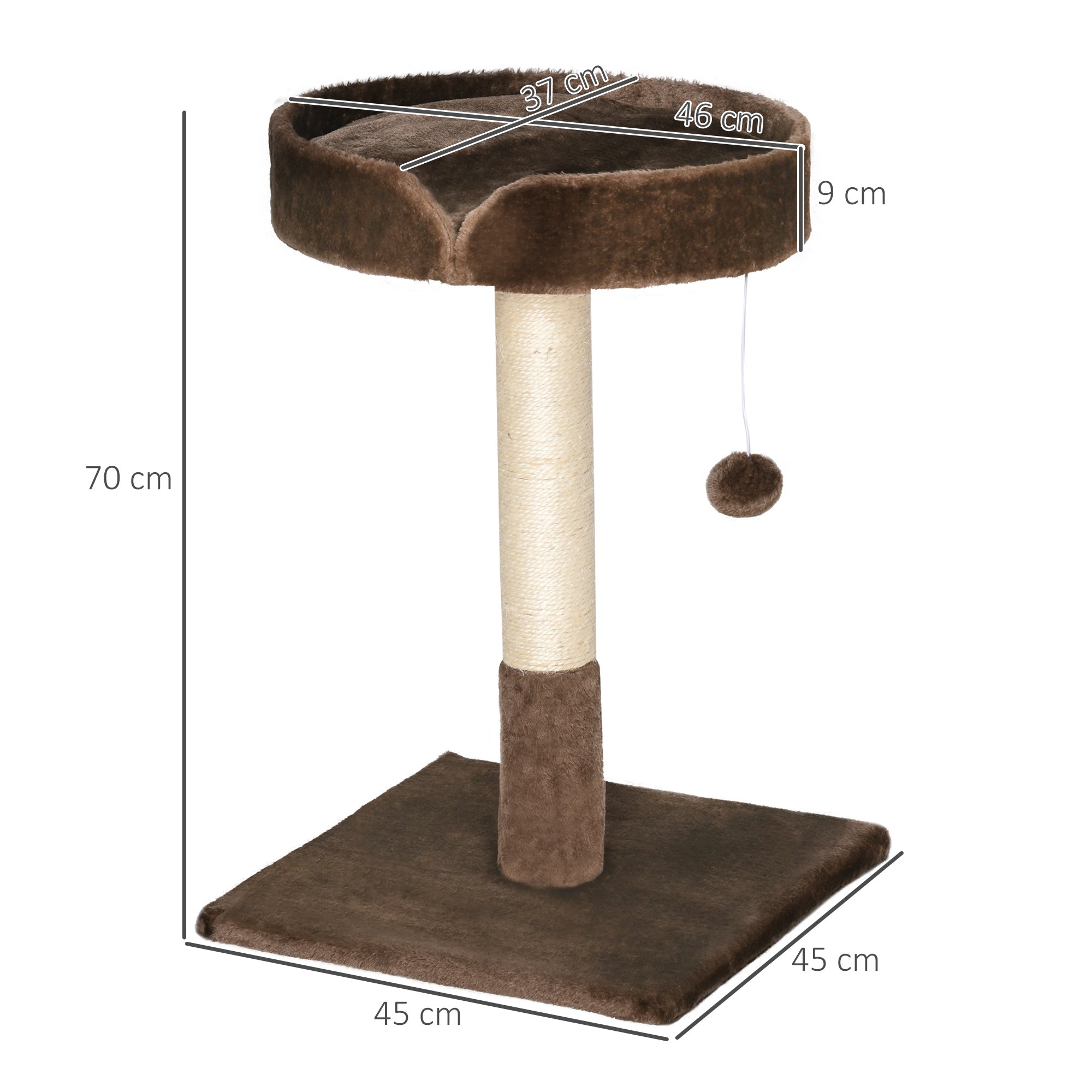 PawHut Small Cat Tree for Indoor Cats with Sisal Scratching Post Kitten Bed Cushion Ball Toy, Brown, 45x45x70 cm